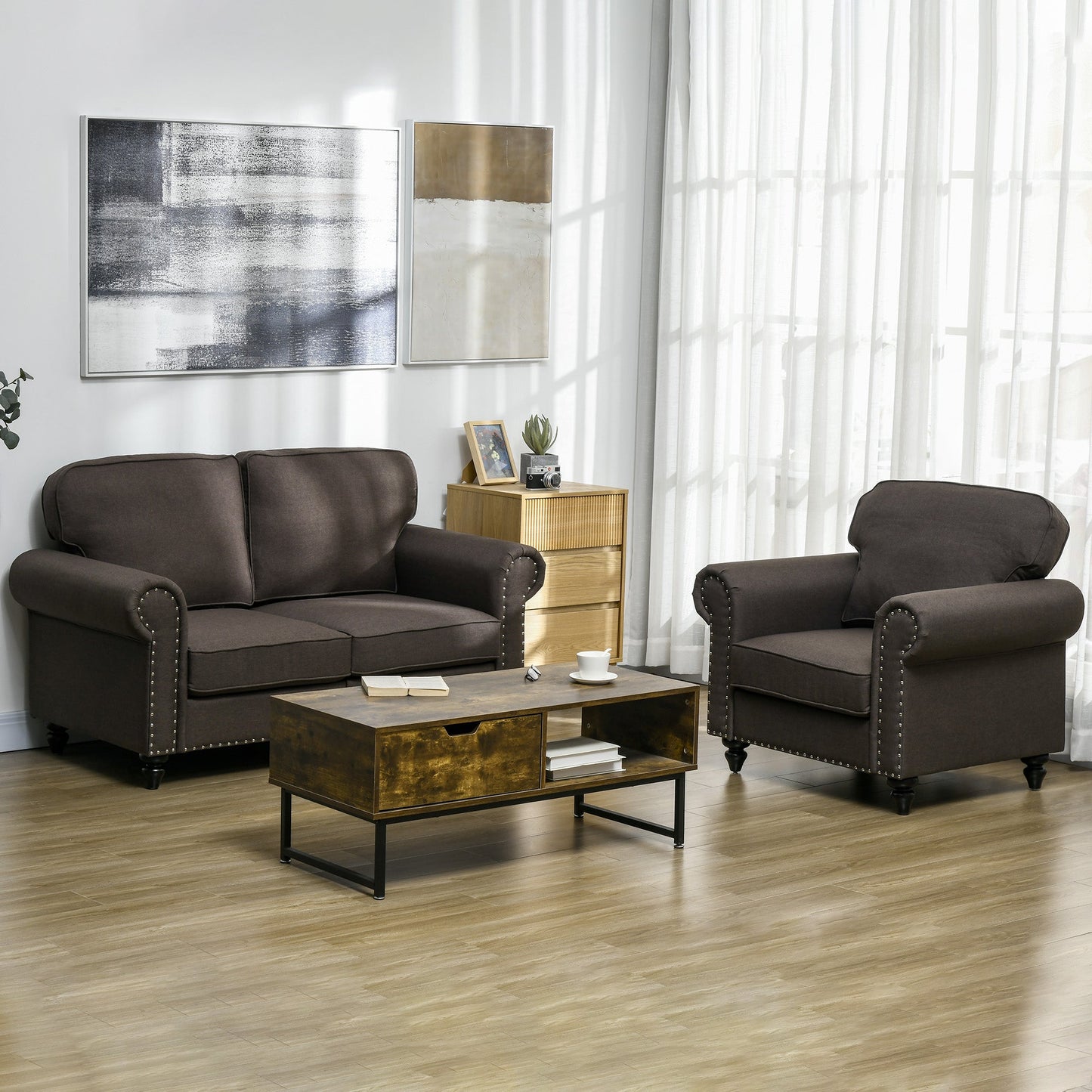 HOMCOM 2 Seater Sofa, Fabric Sofa Couch with Nailhead Trim Rolled Arm and Slatted Wood Frame, Upholstered Loveseat Sofa Settee for Living Room, Bedroom, Home Office, Dark Brown