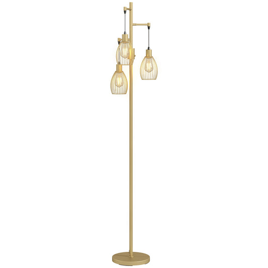 3-Light LED Floor Lamp, 170cm Industrial Dimmable Standing Lamp with Steel Wire Cage Lampshades, 2700K for Living Room, Bedroom, Dining Room, Study, Gold Tone