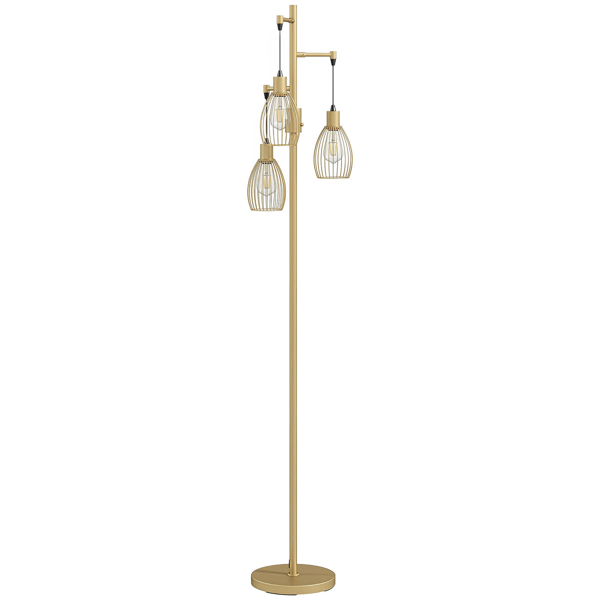 3-Light LED Floor Lamp, 170cm Industrial Dimmable Standing Lamp with Steel Wire Cage Lampshades, 2700K for Living Room, Bedroom, Dining Room, Study, Gold Tone