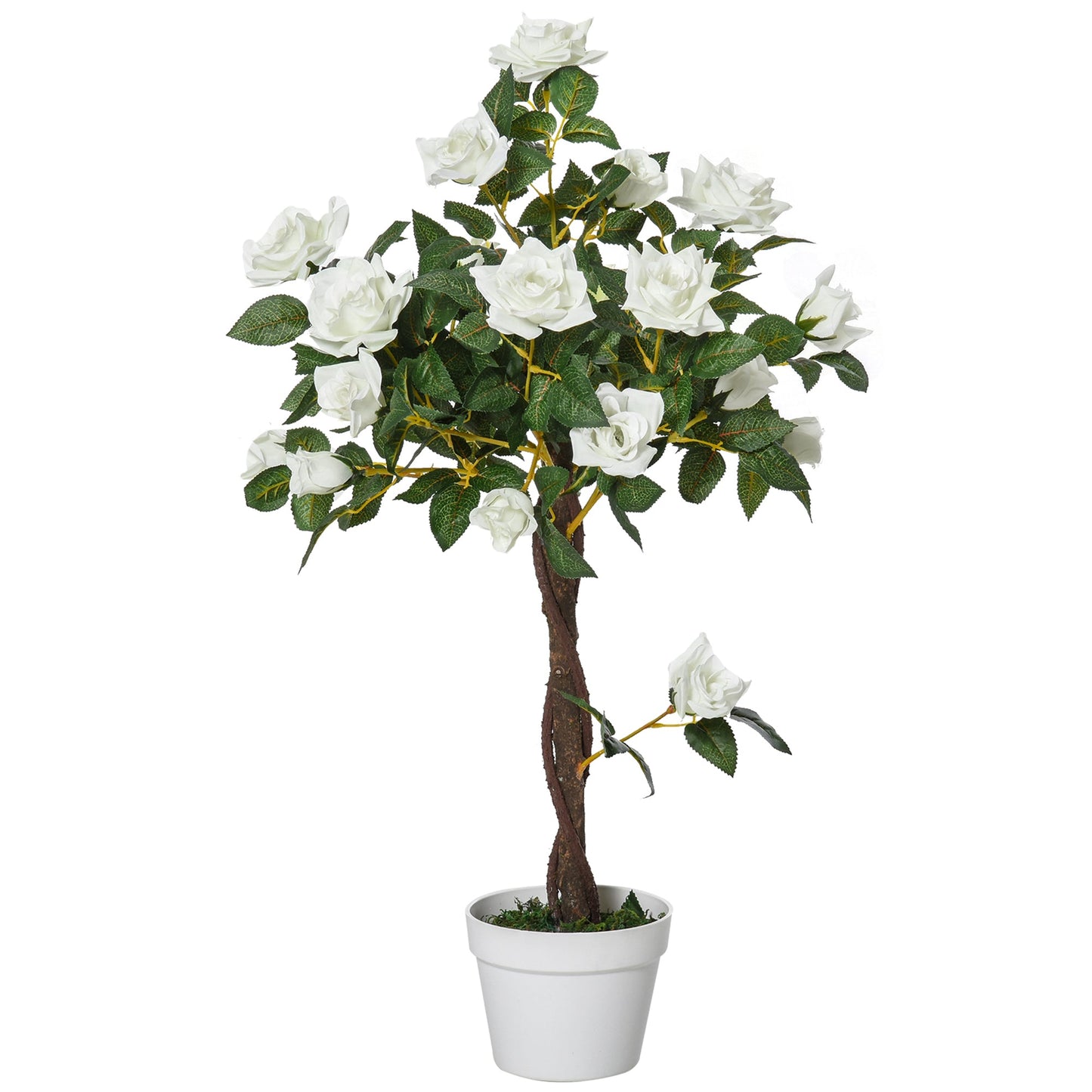 Outsunny 90cm/3FT Artificial Rose Tree, Fake Decorative Plant with Pot, Indoor Outdoor Faux Decoration Home Office Décor, White