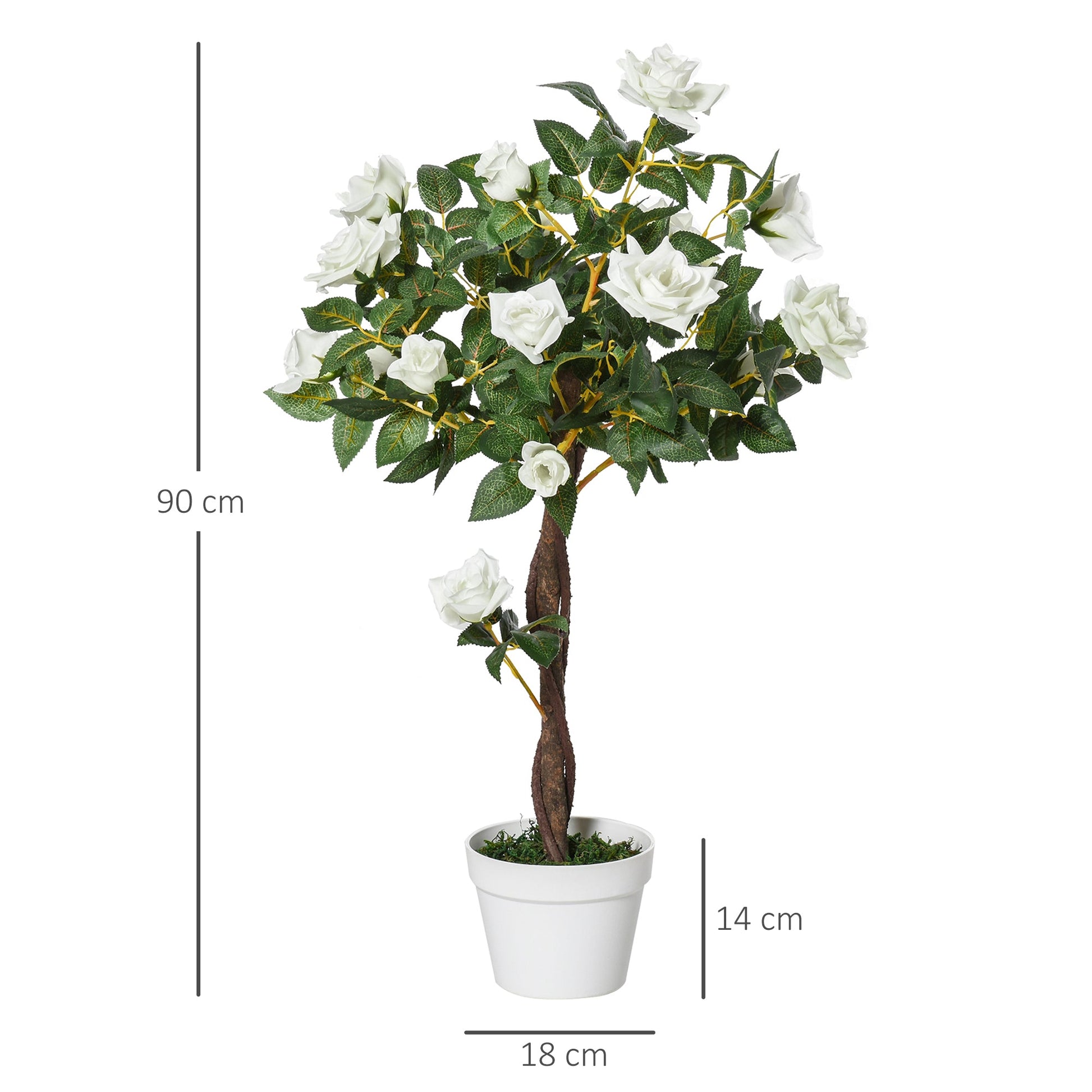 Outsunny 90cm/3FT Artificial Rose Tree, Fake Decorative Plant with Pot, Indoor Outdoor Faux Decoration Home Office Décor, White
