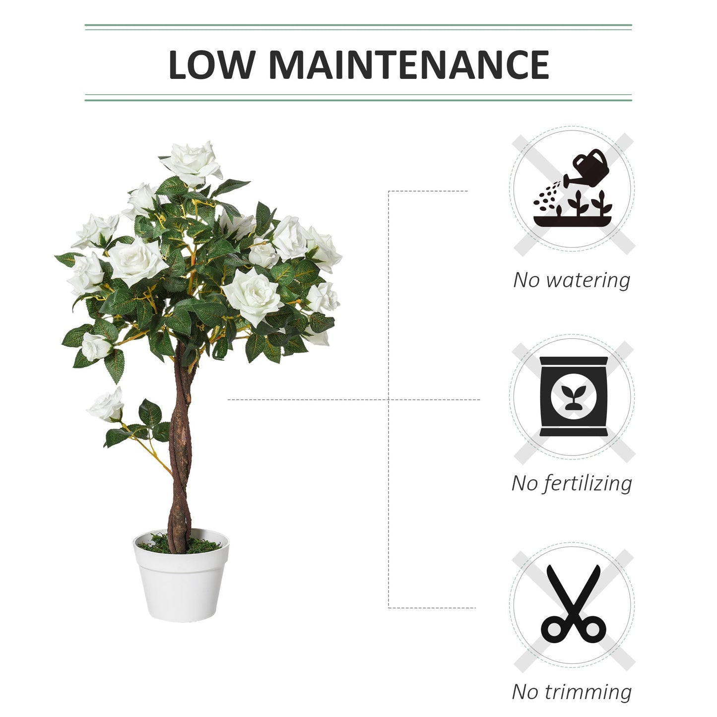 Outsunny 90cm/3FT Artificial Rose Tree, Fake Decorative Plant with Pot, Indoor Outdoor Faux Decoration Home Office Décor, White