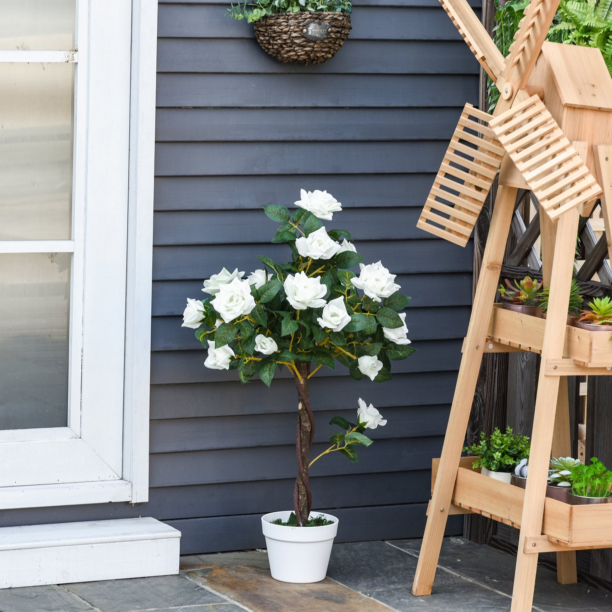 Outsunny 90cm/3FT Artificial Rose Tree, Fake Decorative Plant with Pot, Indoor Outdoor Faux Decoration Home Office Décor, White
