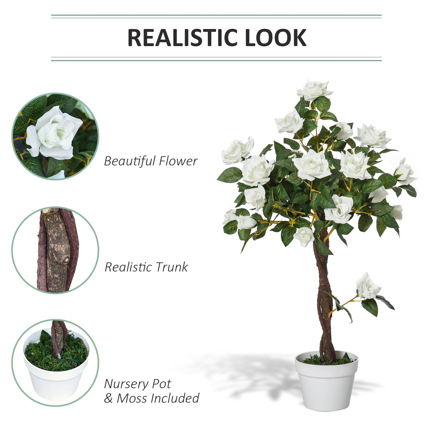 Outsunny 90cm/3FT Artificial Rose Tree, Fake Decorative Plant with Pot, Indoor Outdoor Faux Decoration Home Office Décor, White