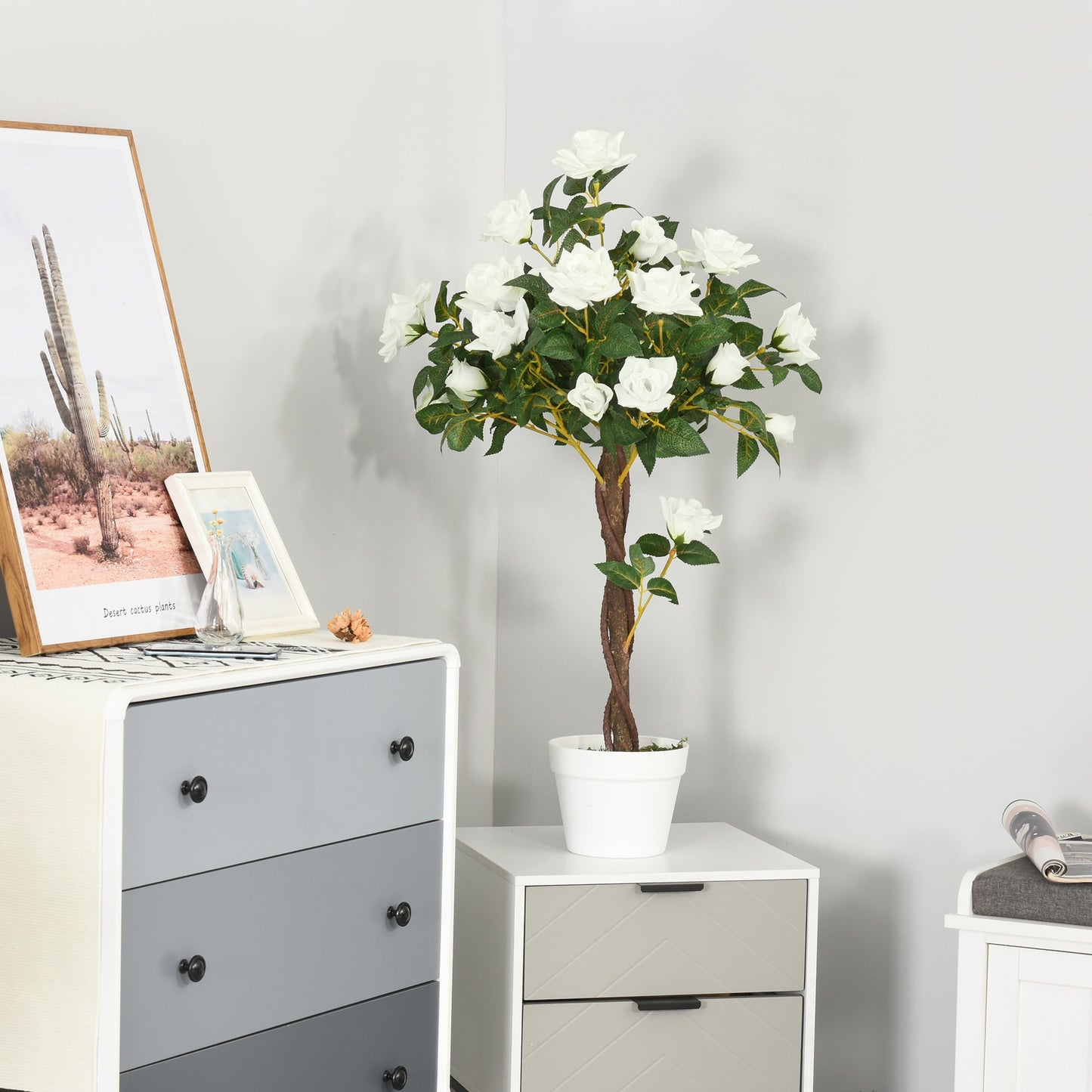 Outsunny 90cm/3FT Artificial Rose Tree, Fake Decorative Plant with Pot, Indoor Outdoor Faux Decoration Home Office Décor, White