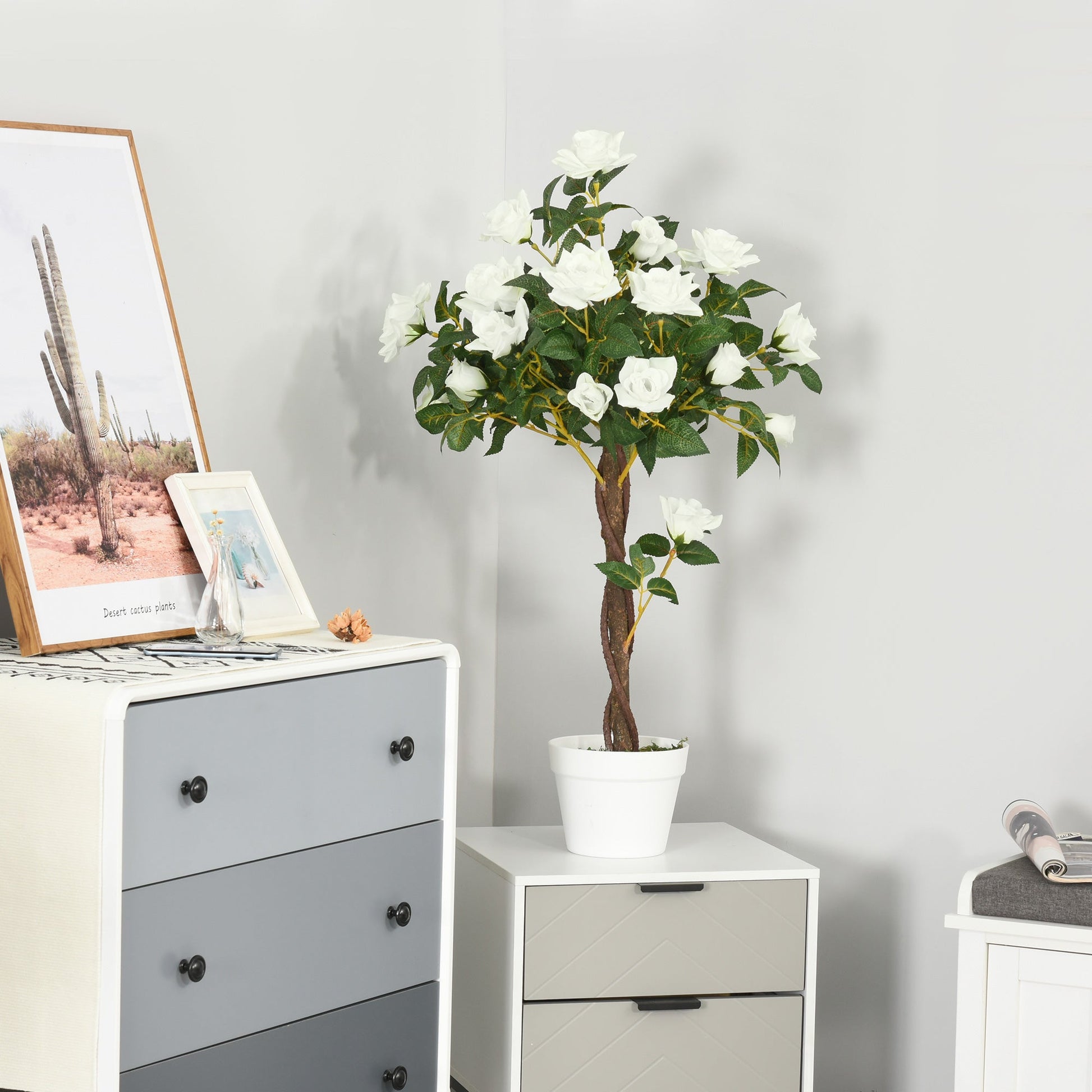 Outsunny 90cm/3FT Artificial Rose Tree, Fake Decorative Plant with Pot, Indoor Outdoor Faux Decoration Home Office Décor, White