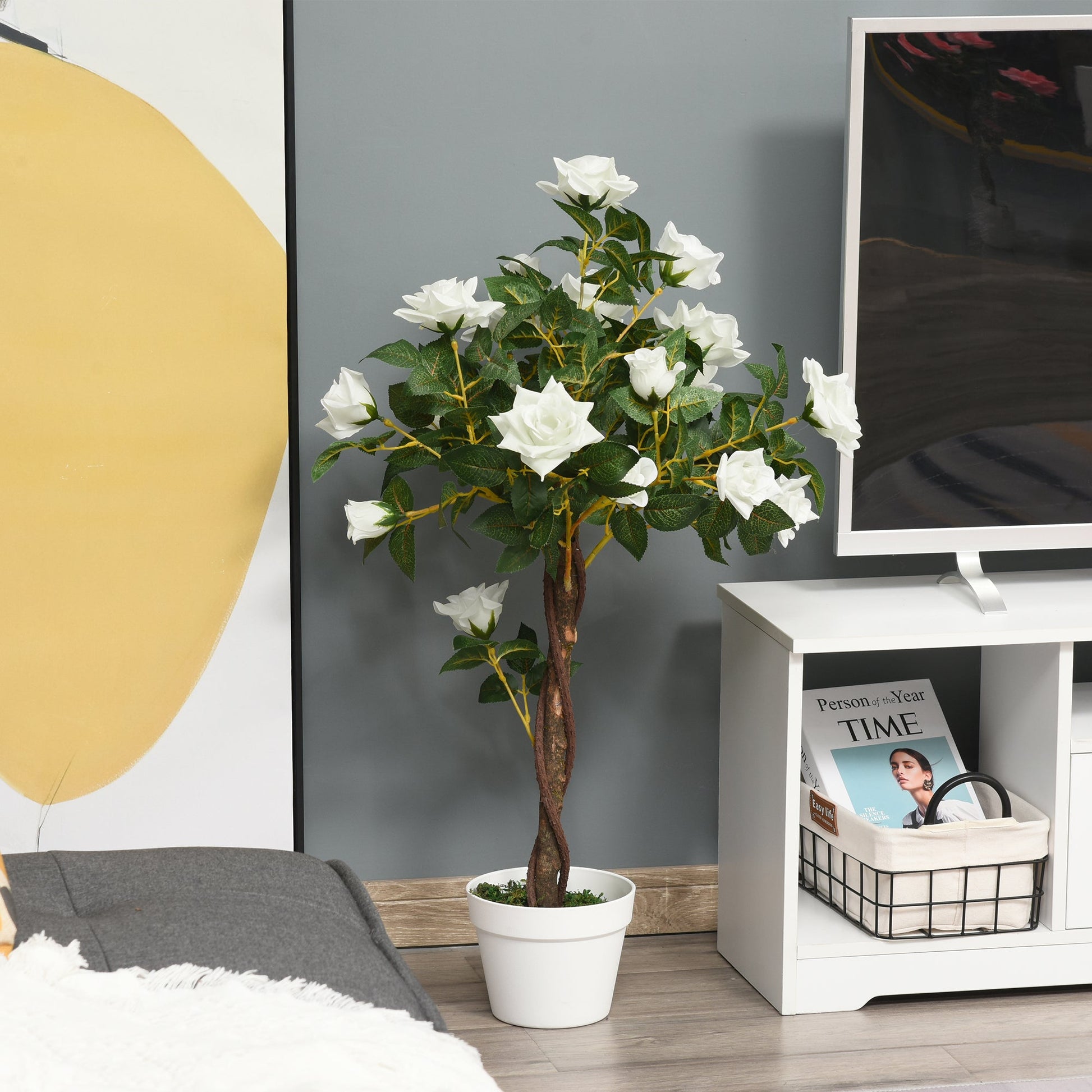 Outsunny 90cm/3FT Artificial Rose Tree, Fake Decorative Plant with Pot, Indoor Outdoor Faux Decoration Home Office Décor, White