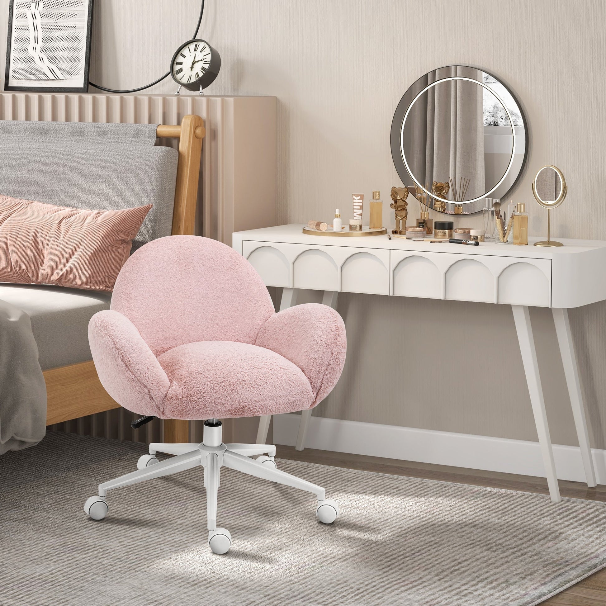 HOMCOM Fluffy Desk Chair, Cute Makeup Vanity Chair with Rolling Wheels for Home Bedroom Living Room, Pink