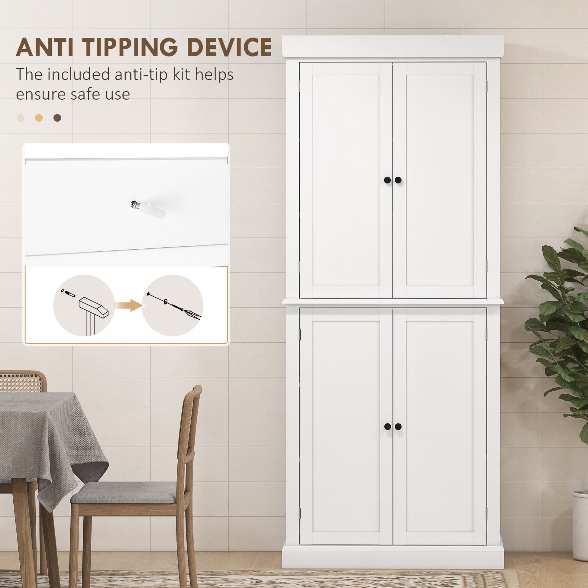 184cm Freestanding Kitchen Cupboard with 4 Doors, Modern Storage Cabinet Organizer with 6-Tier Shelving and 4 Adjustable Shelves, White