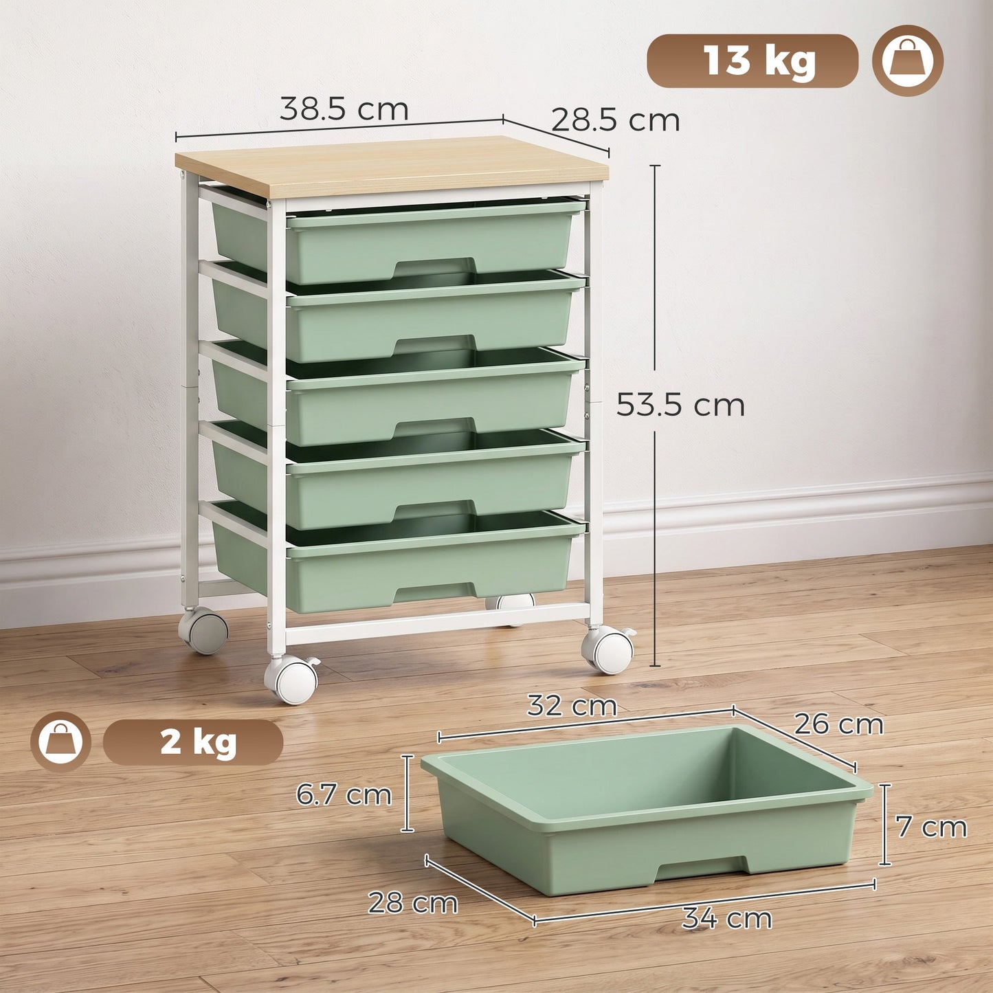 6-Tier Storage Trolley on Wheels, Metal Kitchen Rolling Cart with 5 Pull-Out Drawers, Kitchen Storage Rack for Living Room, Dining Room, Bedroom, Bathroom, Green