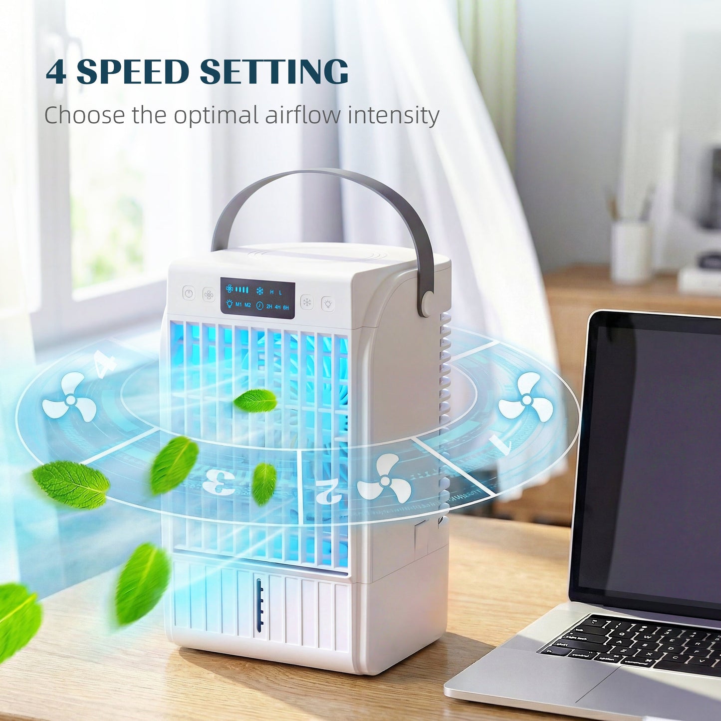 Portable Air Conditioner, 4-in-1 Mini Air Cooler with 4 Wind Speed, 2 Mist Mode, RGB 7 LED Light, 1500ml Water Tank, 2-6H Timer, Small Cooling Fan for Home, Office, Bedroom, White