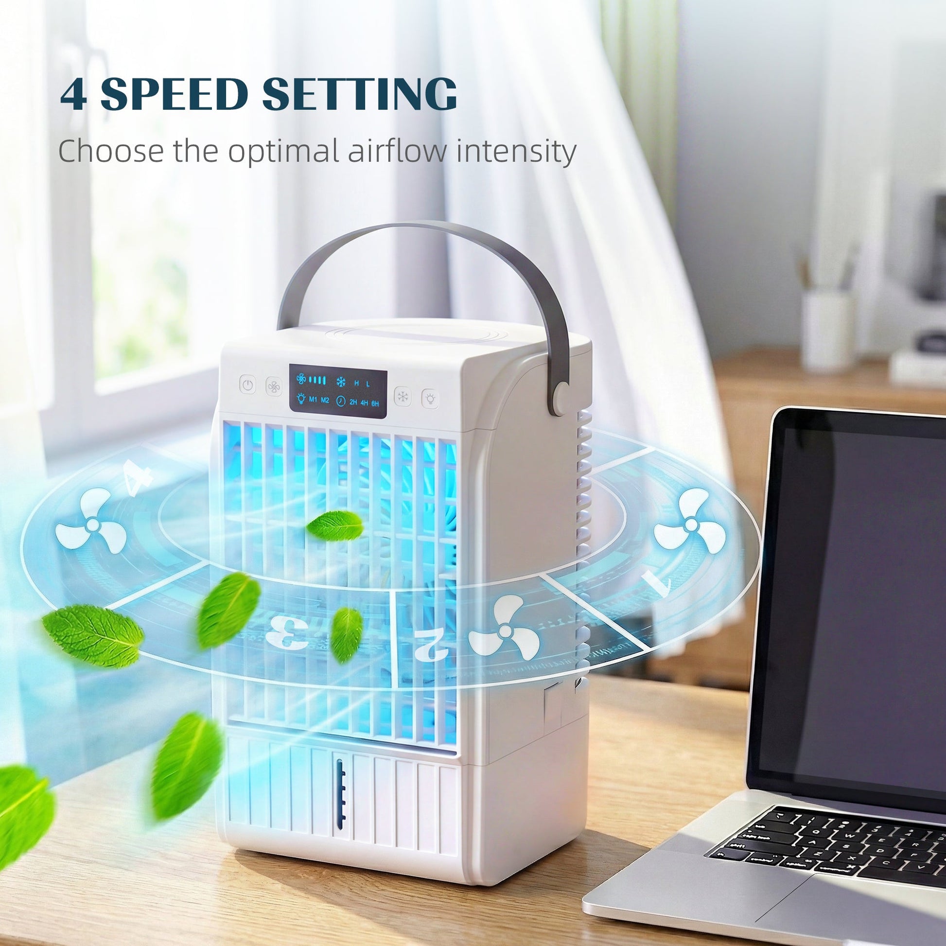 Portable Air Conditioner, 4-in-1 Mini Air Cooler with 4 Wind Speed, 2 Mist Mode, RGB 7 LED Light, 1500ml Water Tank, 2-6H Timer, Small Cooling Fan for Home, Office, Bedroom, White