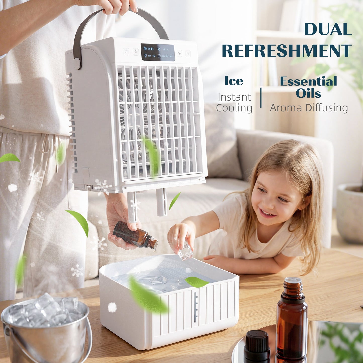 Portable Air Conditioner, 4-in-1 Mini Air Cooler with 4 Wind Speed, 2 Mist Mode, RGB 7 LED Light, 1500ml Water Tank, 2-6H Timer, Small Cooling Fan for Home, Office, Bedroom, White