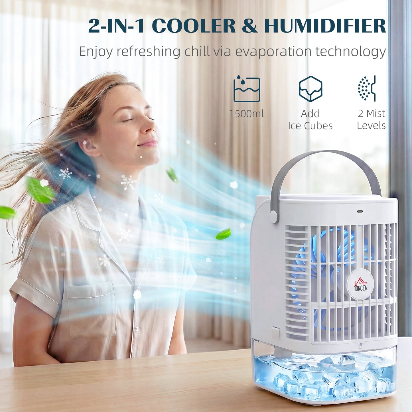 Portable Air Conditioner, 4-in-1 Mini Air Cooler with 4 Wind Speed, 2 Mist Mode, RGB 7 LED Light, 1500ml Water Tank, 2-6H Timer, Small Cooling Fan for Home, Office, Bedroom, White