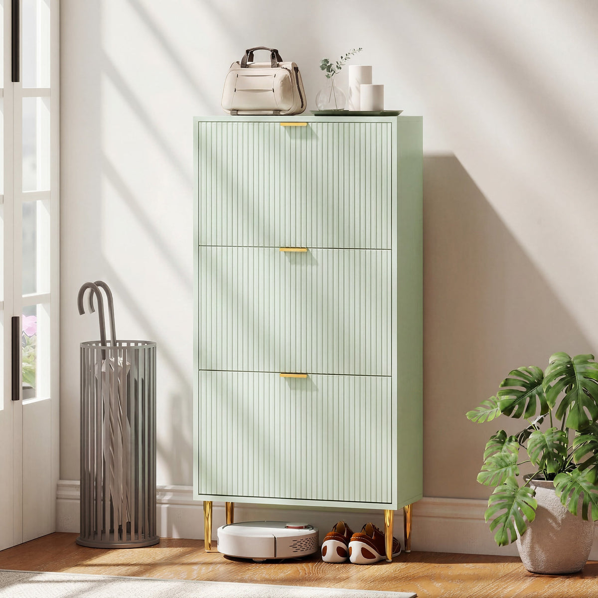 Narrow Shoe Cabinet with 3 Flip Drawers, Modern Slim Shoe Storage Cabinet with Fluted Doors and Adjustable Shelves for Hallway, Holds 9-18 Pairs, Light Green