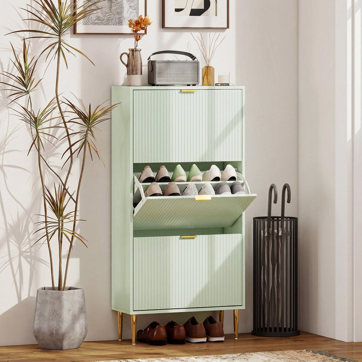 Narrow Shoe Cabinet with 3 Flip Drawers, Modern Slim Shoe Storage Cabinet with Fluted Doors and Adjustable Shelves for Hallway, Holds 9-18 Pairs, Light Green