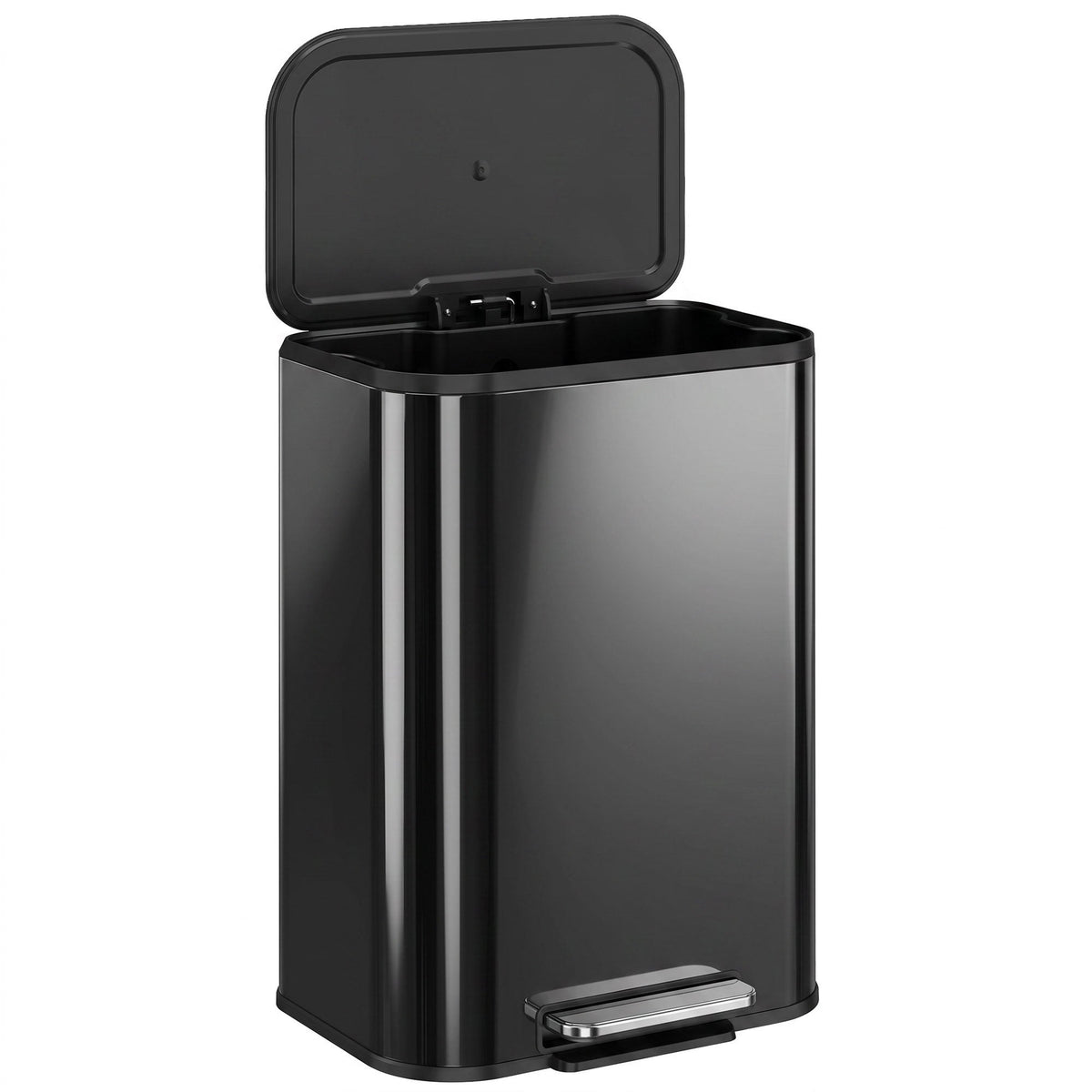 50L Kitchen Bin, Metal Rectangular Pedal Rubbish Bin with Soft Close and Stay-Open Lid, Removable Inner Bucket for Kitchen, Home, Office, Recycling, High Gloss Black