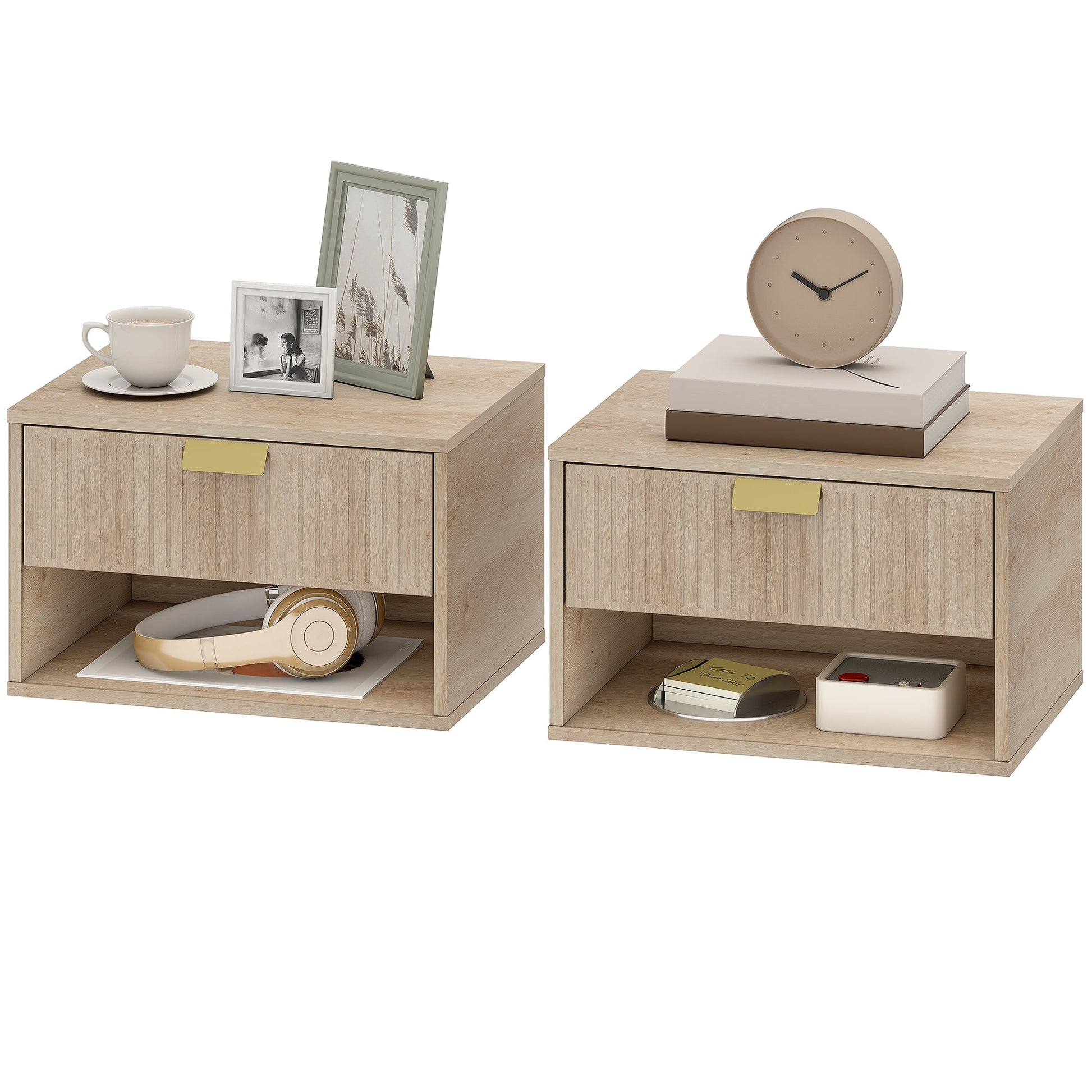 Floating Bedside Tables Set of 2, Wall Mounted Nightstands with Fluted Drawer and Open Shelf for Small Bedroom, Modern Bedside Table, 40 x 30 x 25 cm, Oak