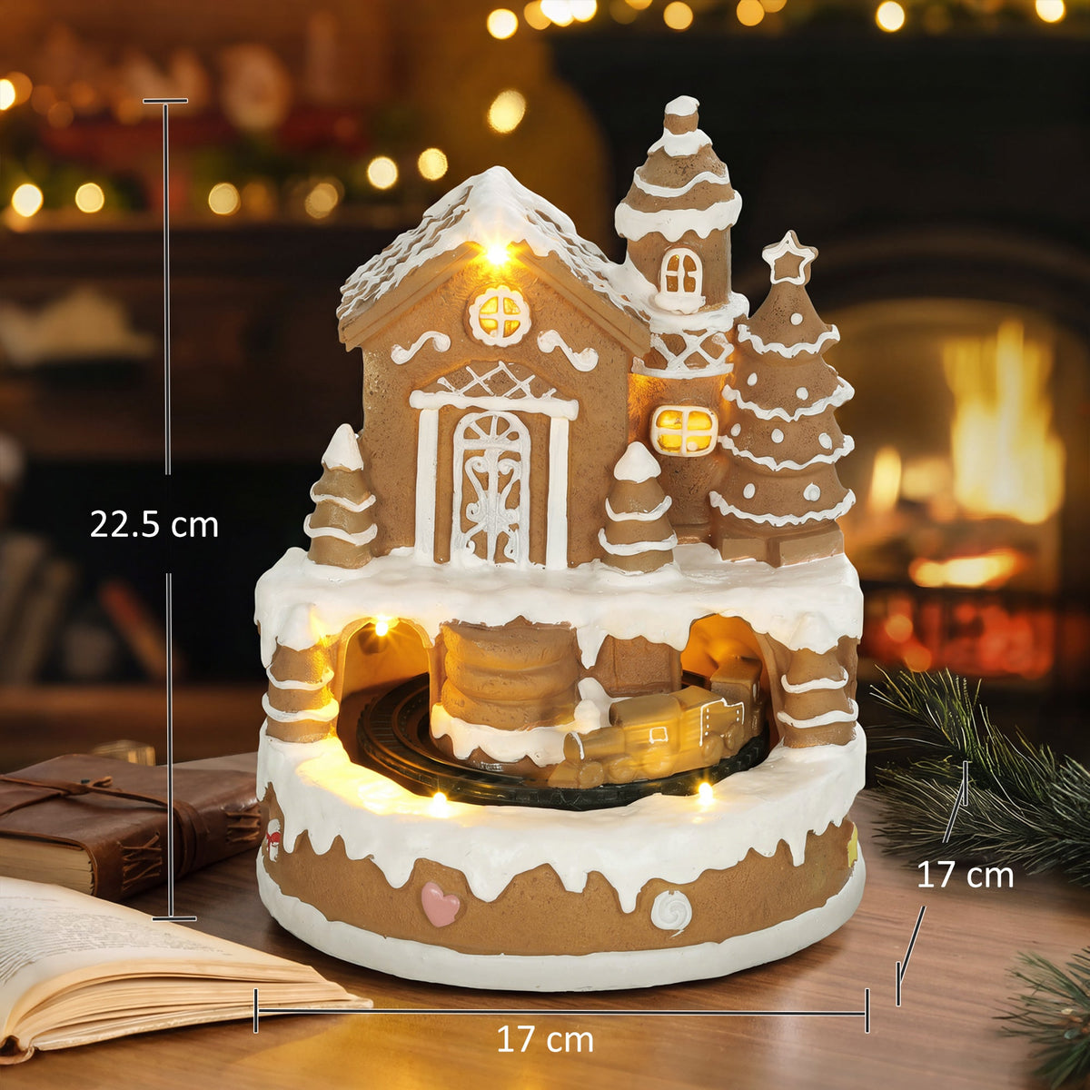 Christmas Gingerbread House, Lighted Musical Snow Village, Tabletop Polyresin Decoration with Rotating Train, 7 Warm White LED Lights, 8 Classic Christmas Tunes, Battery Operated