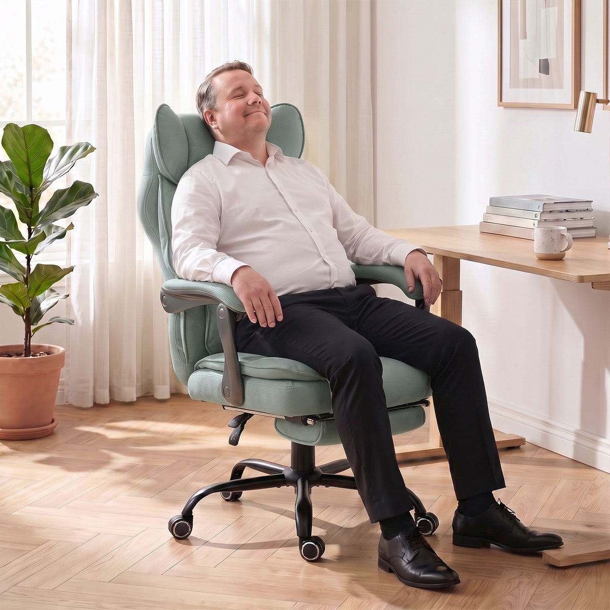 Executive Office Chair with Footrest, 180kg 400lb Big and Tall Leathaire Desk Chair with Wide Seat, Reclining Back, Lumbar Support, Built-in Headrest, Class 4 Gas Lift, Swivel Wheel, Blue