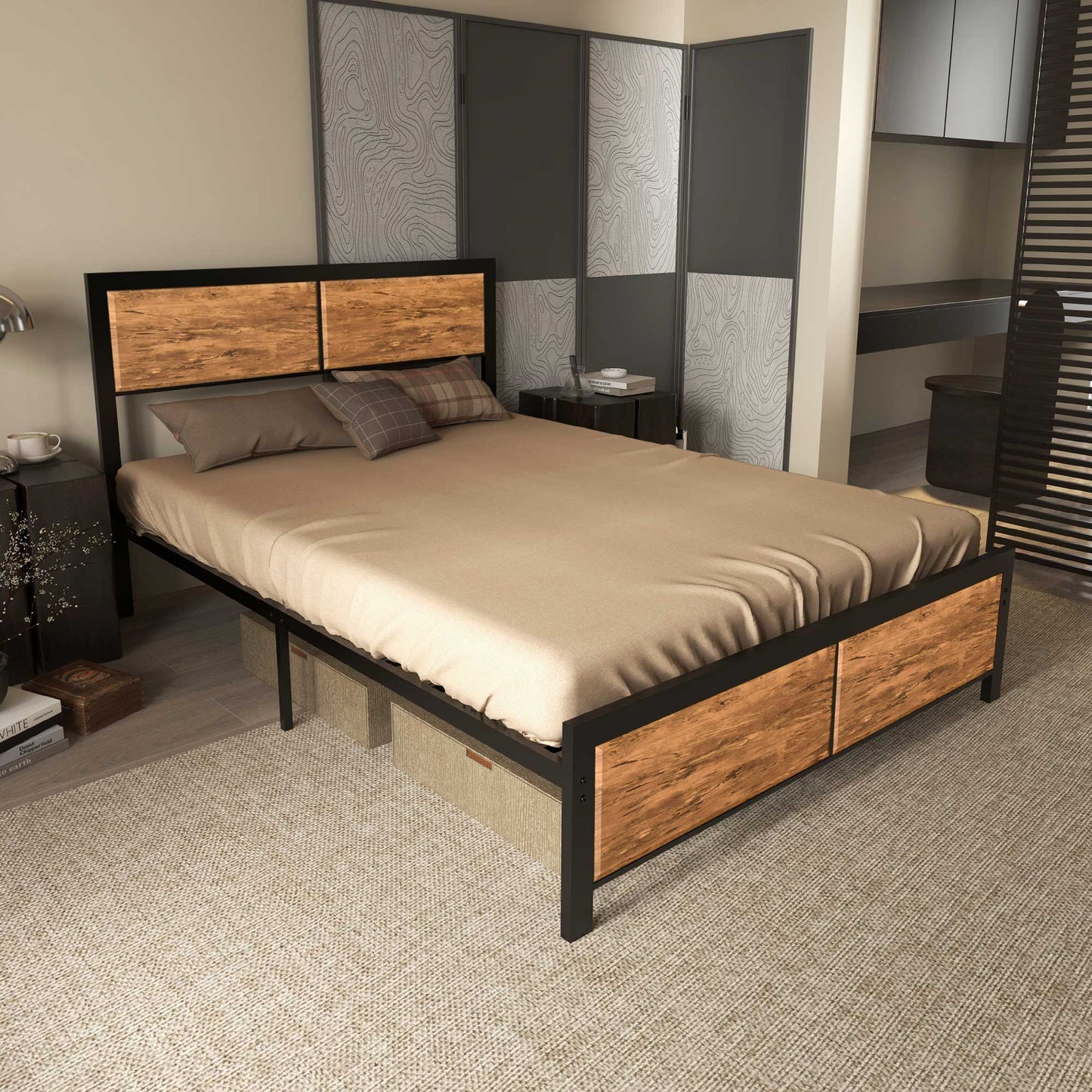 HOMCOM Industrial Double Bed Frame, 5FT Steel Bed Base with Headboard, Footboard, Slatted Support and Under Bed Storage, 147 x 197cm, Rustic Brown