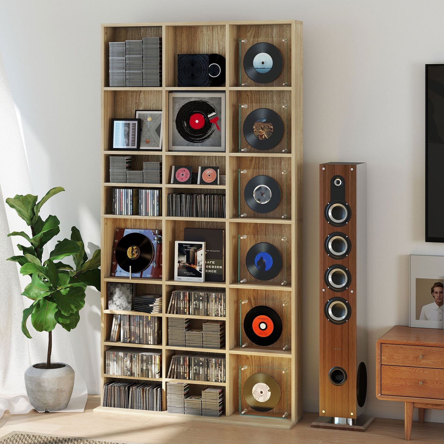 1116 CD/ 528 DVD Storage Unit, Media Storage Shelf, Wooden Display Unit with Adjustable Shelves, 102 x 195 cm, Oak Tone