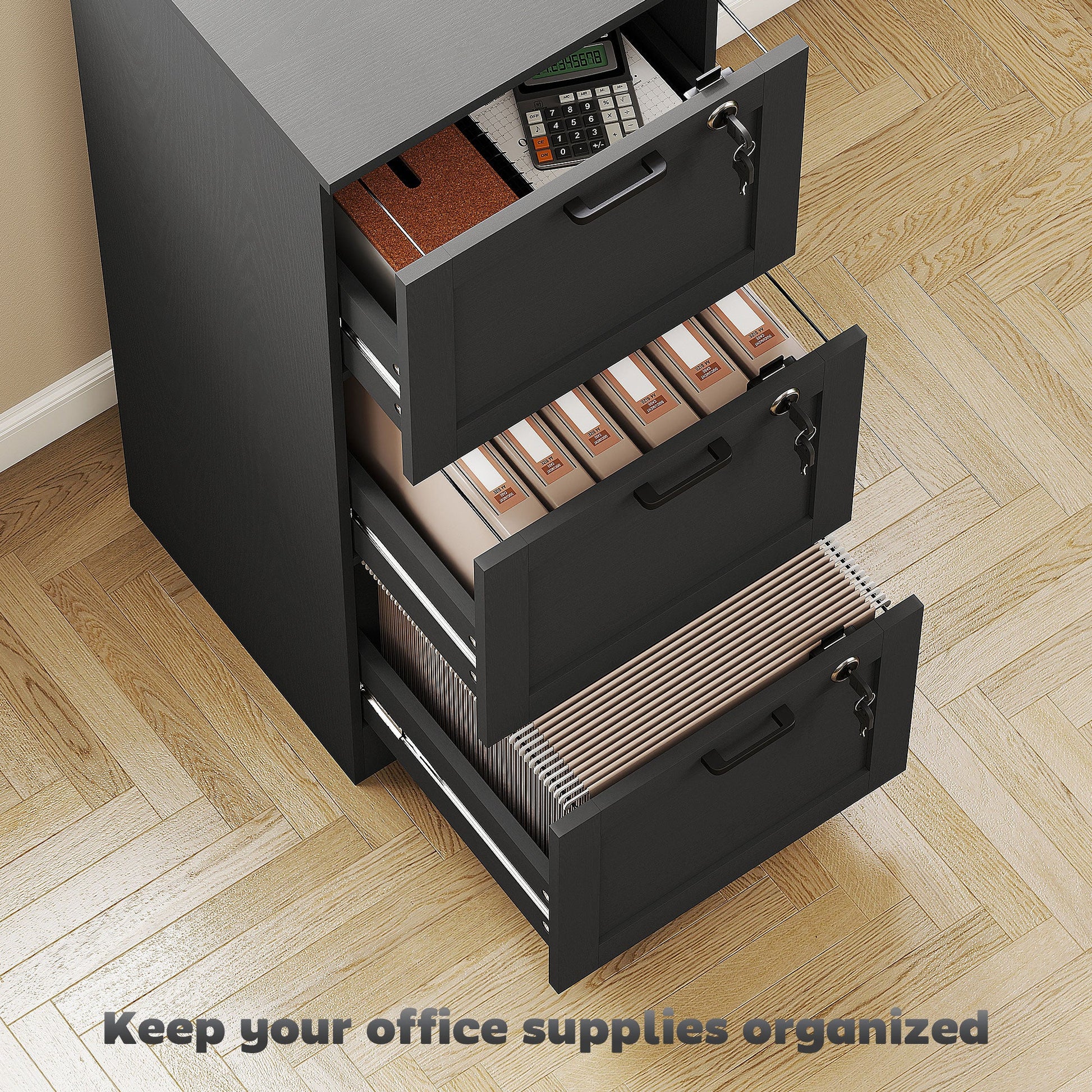 3 Drawer File Cabinet with Lock, Vertical Filing Cabinet with Adjustable Hanging Bars for A4 and Letter Size File Folders, Printer Stand with Storage, Black
