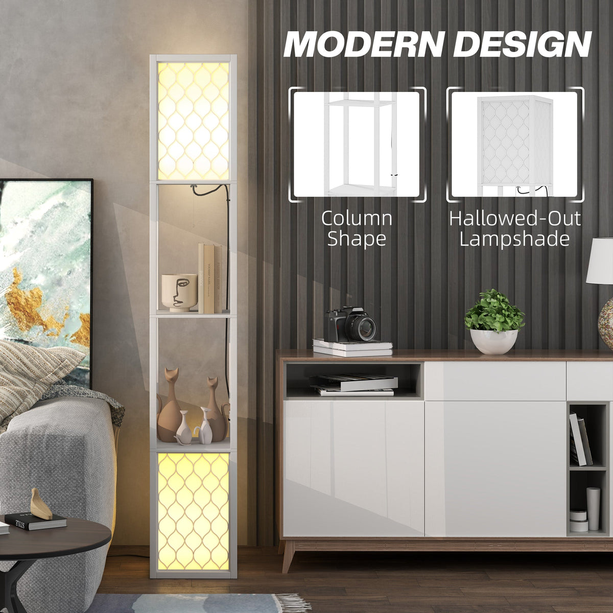 HOMCOM Floor Lamp with Shelves, Dual Light, Modern Tall Standing Lamps for Living Room, Bedroom, with Pull Chain Switch, Bulb not Included, White