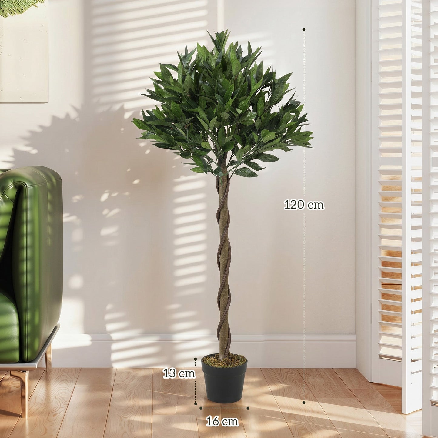 Artificial Bay Laurel Topiary Trees with Twisted Trunk, Realistic Lush Topiary Ball Tree with Weighted Pot, 120cm Indoor Greenery Plant for Home Office Garden Decor, Set of 2, Green