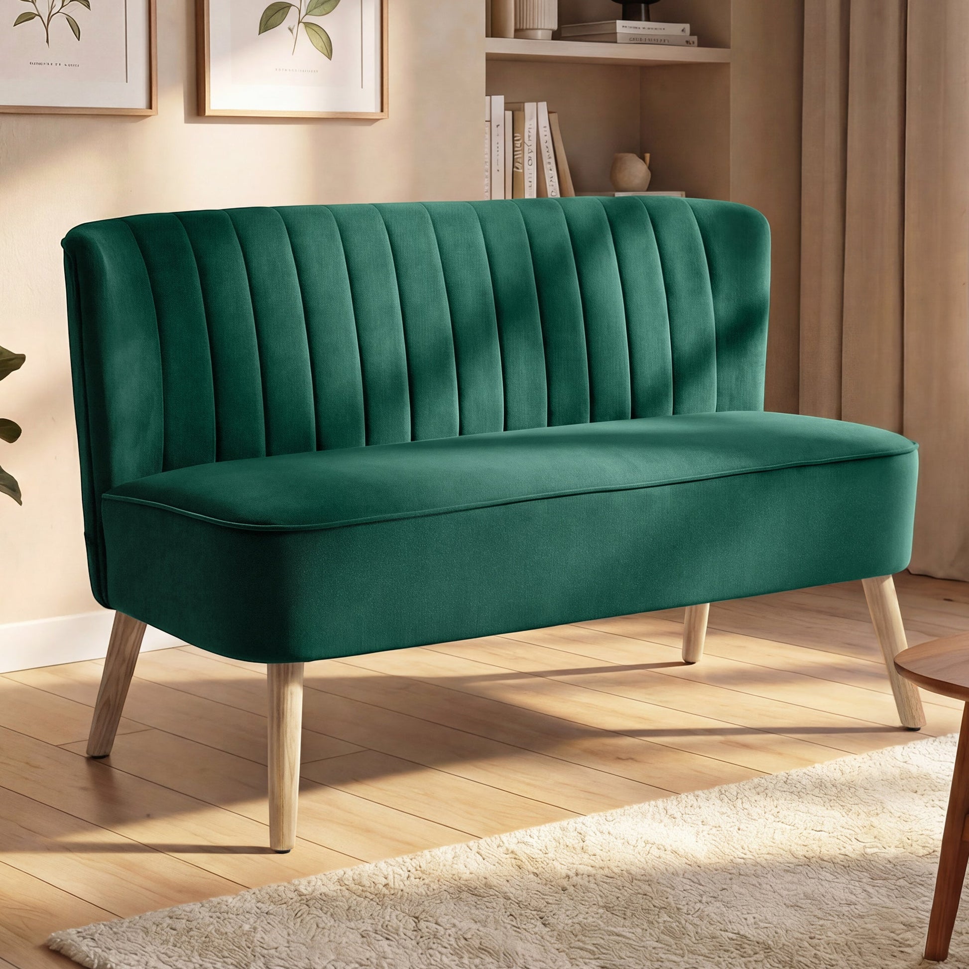 46" Loveseat Sofa, Linen Fabric Upholstered 2 Seater Small Sofa with Thick Padded Seat and Rubber Wood Legs for Living Room, Home Office, Dark Green