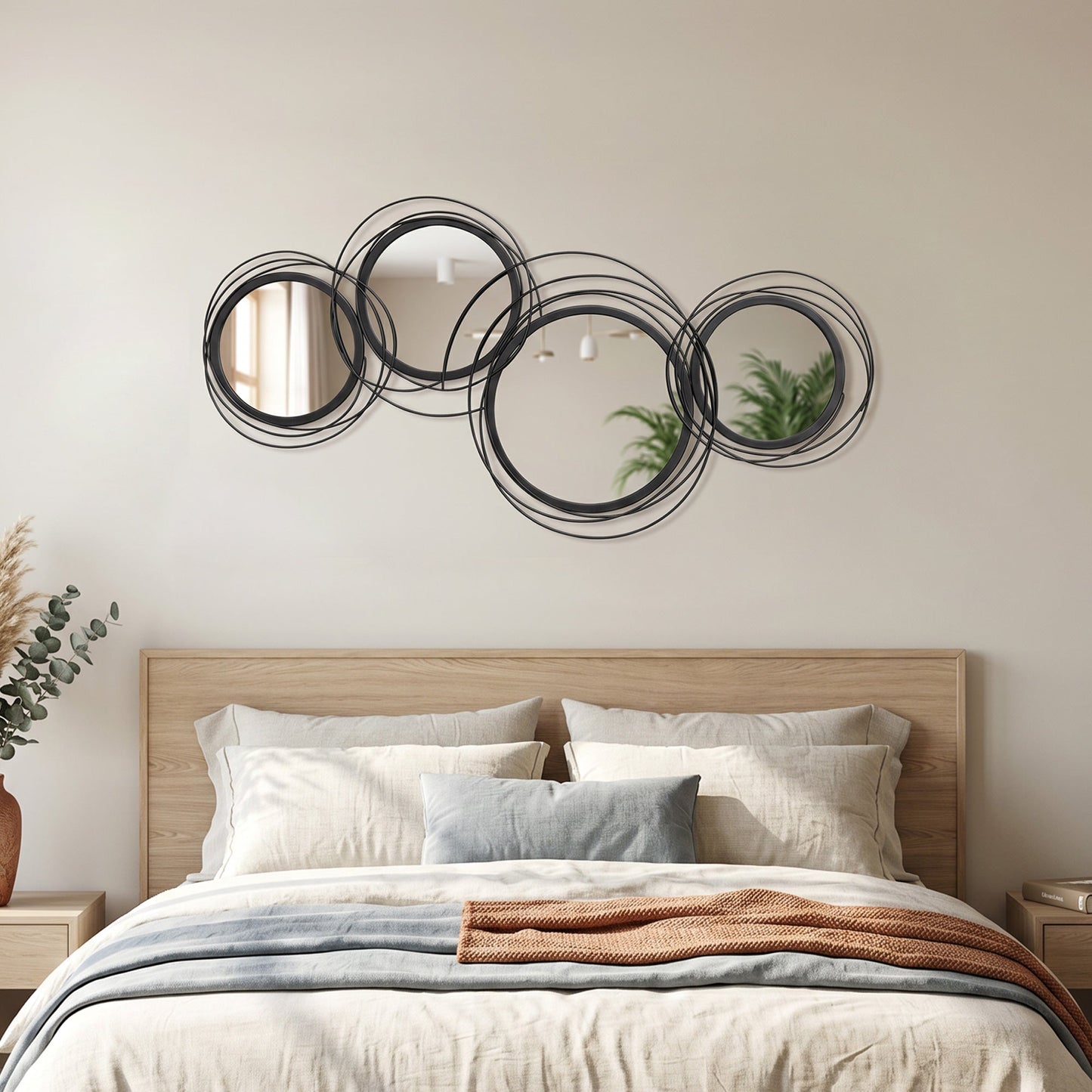 Metal Wall Art 56cm Modern Decorative Mirror Decor Hanging Home Wall Sculptures for Living Room Bedroom Dining Room, Black