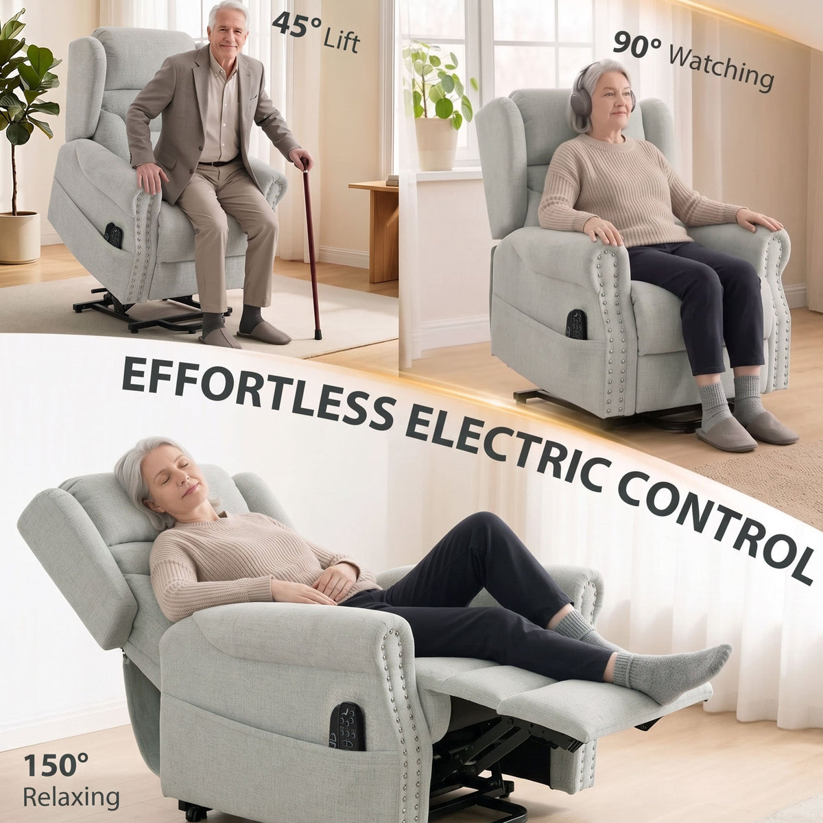 Riser Recliner Chair with Vibration Massage and Heat, Chenille Electric Power Lift Recliner Chair for Elderly with Spring Cushion, USB Port, Plush High Back, Remote, Side Pockets, Light Grey
