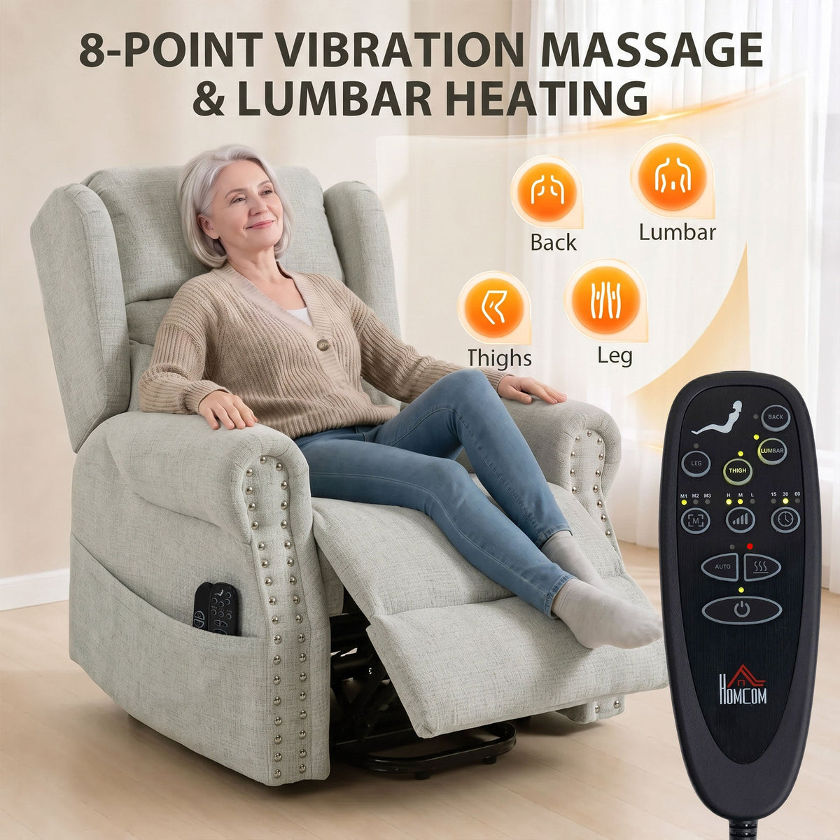 Riser Recliner Chair with Vibration Massage and Heat, Chenille Electric Power Lift Recliner Chair for Elderly with Spring Cushion, USB Port, Plush High Back, Remote, Side Pockets, Light Grey
