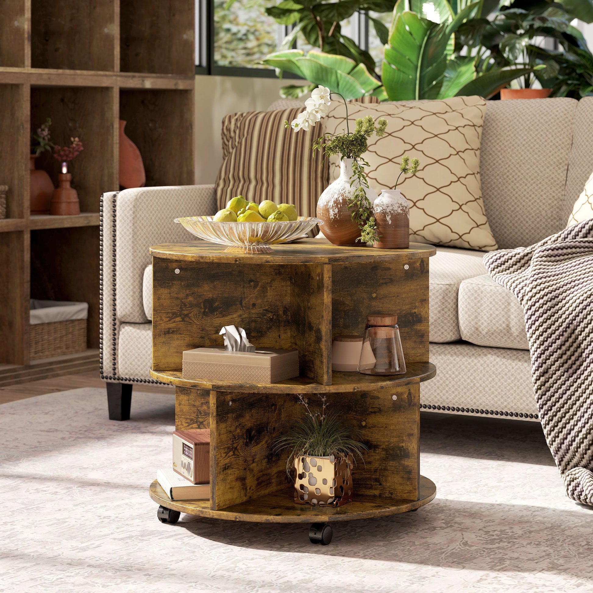 HOMCOM Round Coffee Table, Movable Centre Table with Divided Shelves and Rolling Wheels, 3 Tier Living Room Table, Rustic Brown