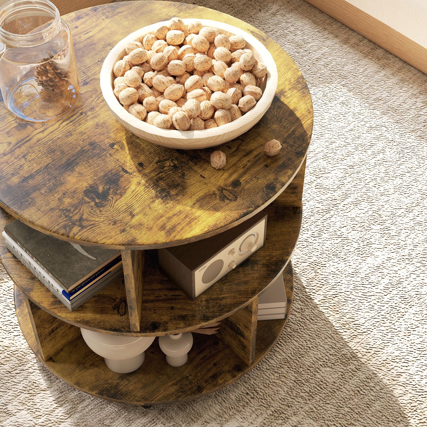 HOMCOM Round Coffee Table, Movable Centre Table with Divided Shelves and Rolling Wheels, 3 Tier Living Room Table, Rustic Brown