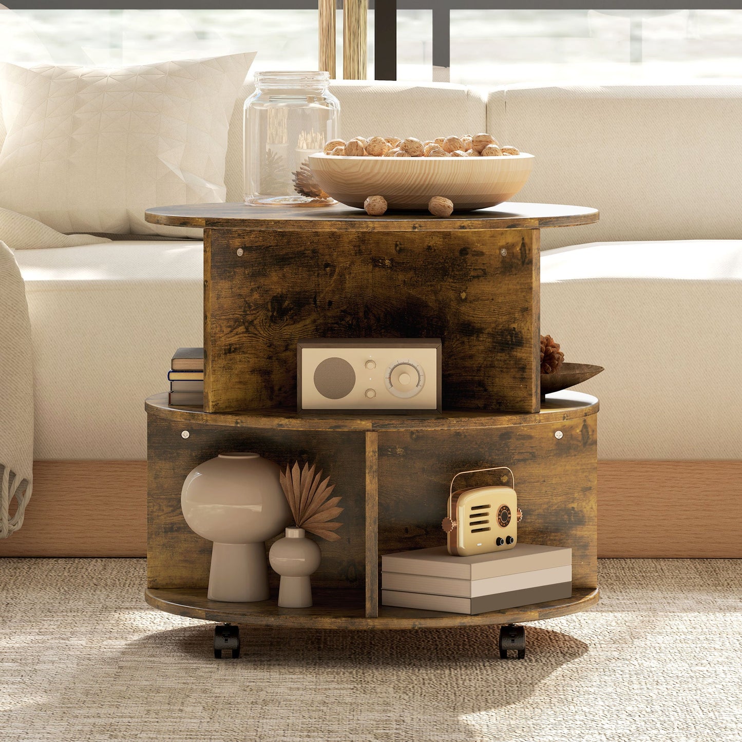 HOMCOM Round Coffee Table, Movable Centre Table with Divided Shelves and Rolling Wheels, 3 Tier Living Room Table, Rustic Brown