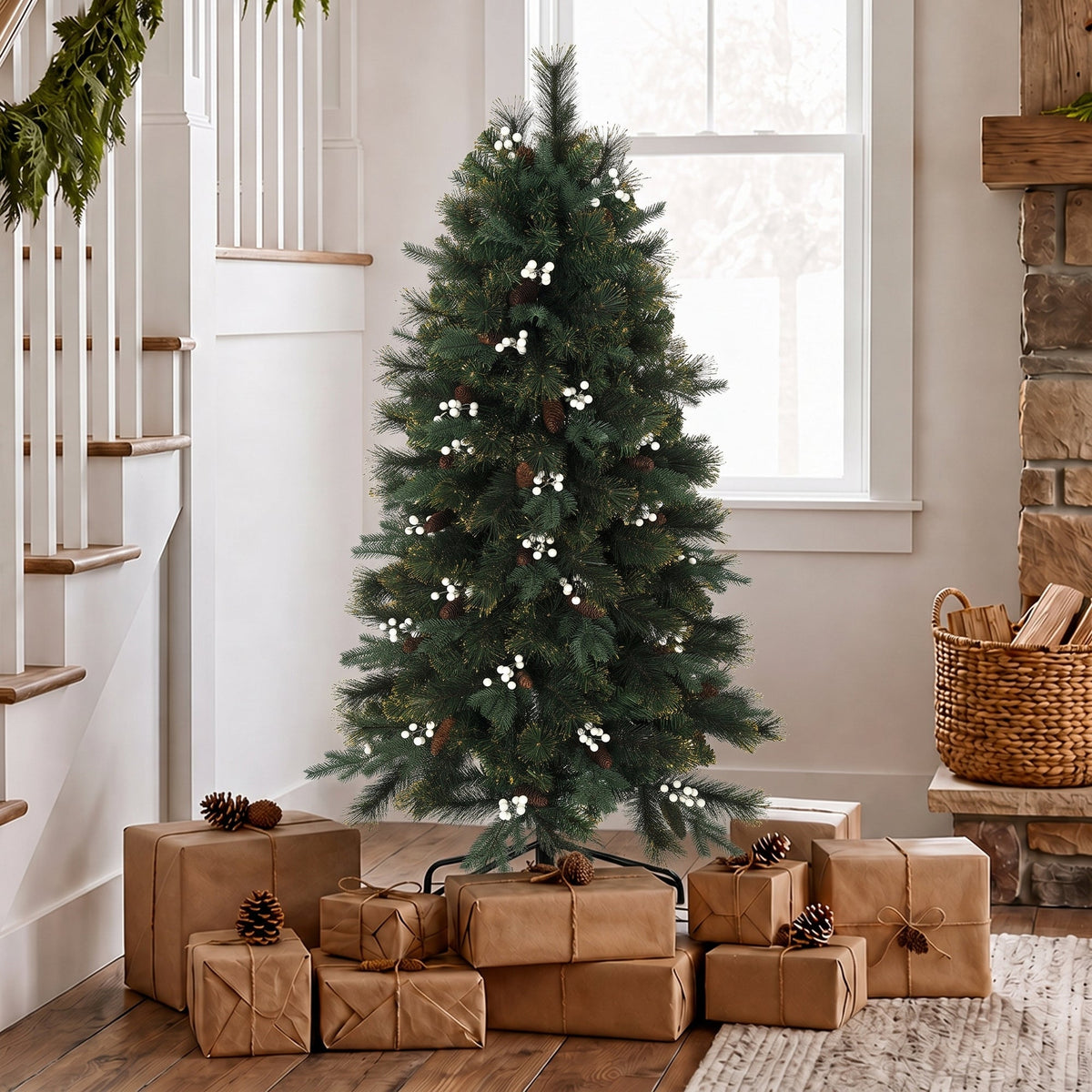 5ft/150cm Artificial Christmas Tree, Fir Hinged Xmas Tree with 490 Branch Tips, Foldable Metal Stand, Easy Assembly for Home Office Holiday Decoration, Green