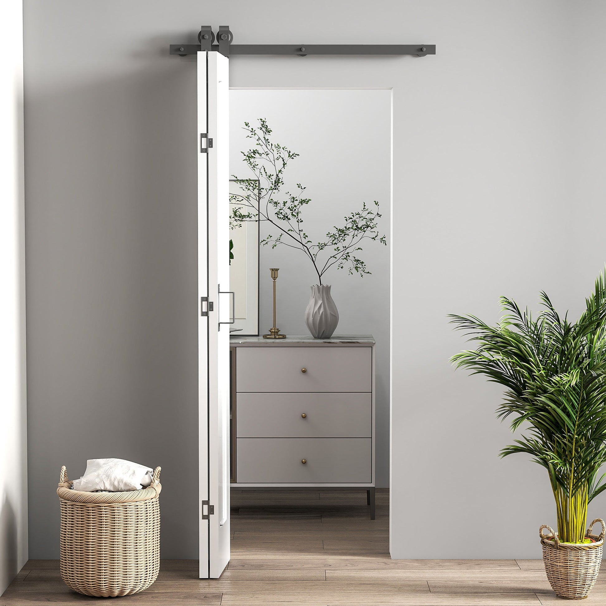 70cm Modern Sliding Door Set Kit with Carbon Steel Rail, Opaque Home Decoration, DIY Office Style, White