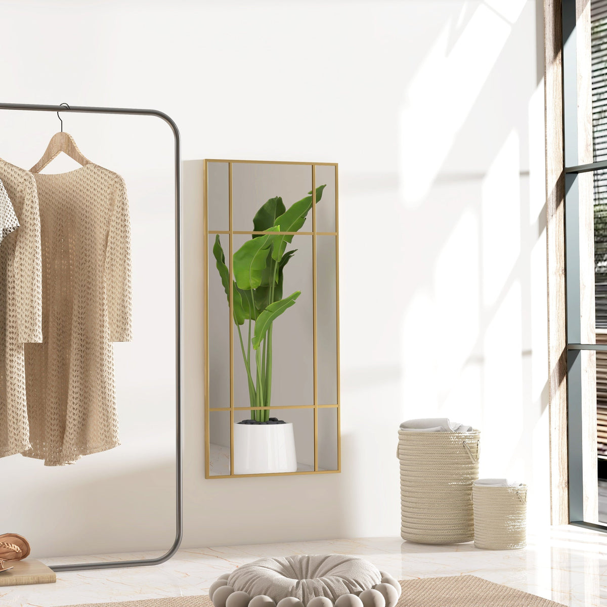 HOMCOM Rectangle Wall Mirror, 110 x 50cm Window Style Vanity Mirror with Metal Frame, Decorative Hanging Mirror for Living Room, Bedroom, Entryway, Vertical or Horizontal, Gold Tone