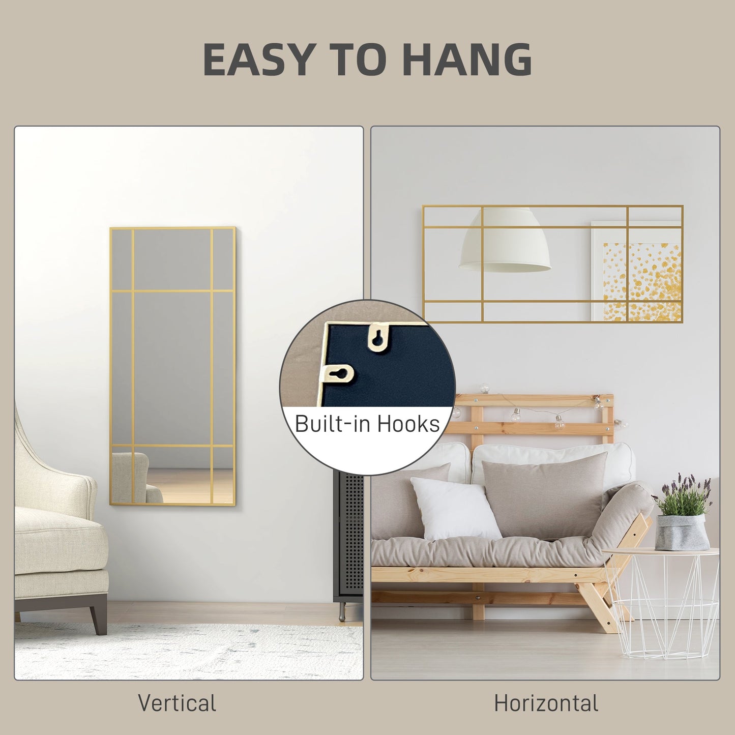 HOMCOM Rectangle Wall Mirror, 110 x 50cm Window Style Vanity Mirror with Metal Frame, Decorative Hanging Mirror for Living Room, Bedroom, Entryway, Vertical or Horizontal, Gold Tone