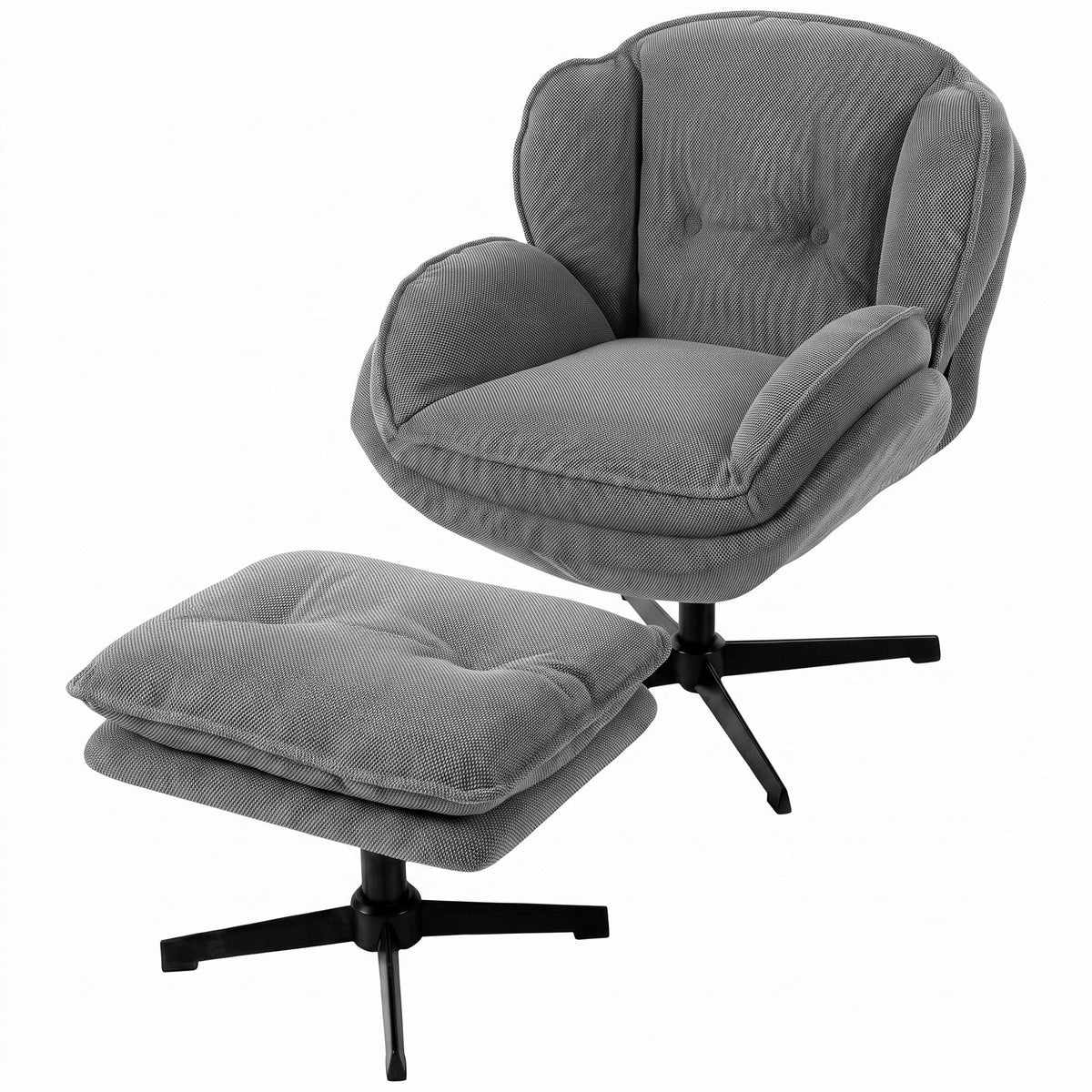 Armchair with Adjustable Footstool, 360° Swivel Chenille Cloud Accent Chair with Thick Cushion, Steel Base for Living Room, Bedroom, Grey