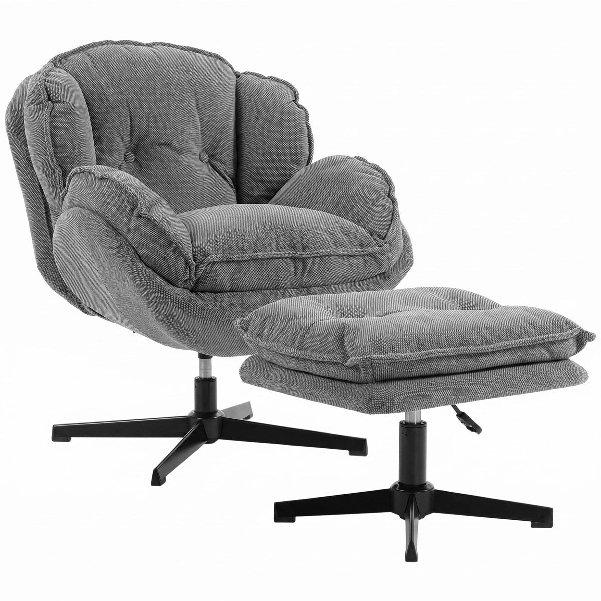 Armchair with Adjustable Footstool, 360° Swivel Chenille Cloud Accent Chair with Thick Cushion, Steel Base for Living Room, Bedroom, Grey