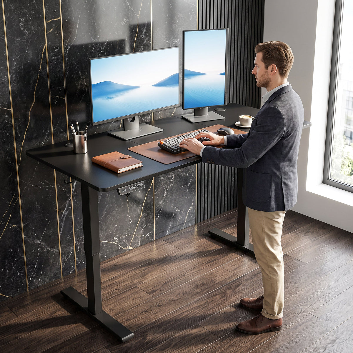 Electric Standing Desk Height Adjustable 140 x 60cm, Sit Stand Desk with 3 Memory Presets, Quiet Home Office Computer Desk with LED Display, Cable Holes & Hooks for Bedroom, Home Office, Black