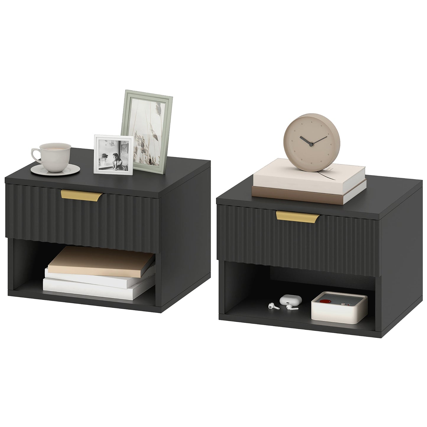 Floating Nightstands Set of 2, Modern Wall Mounted Bedside Tables with Fluted Drawer and Open Shelf for Bedroom, Black