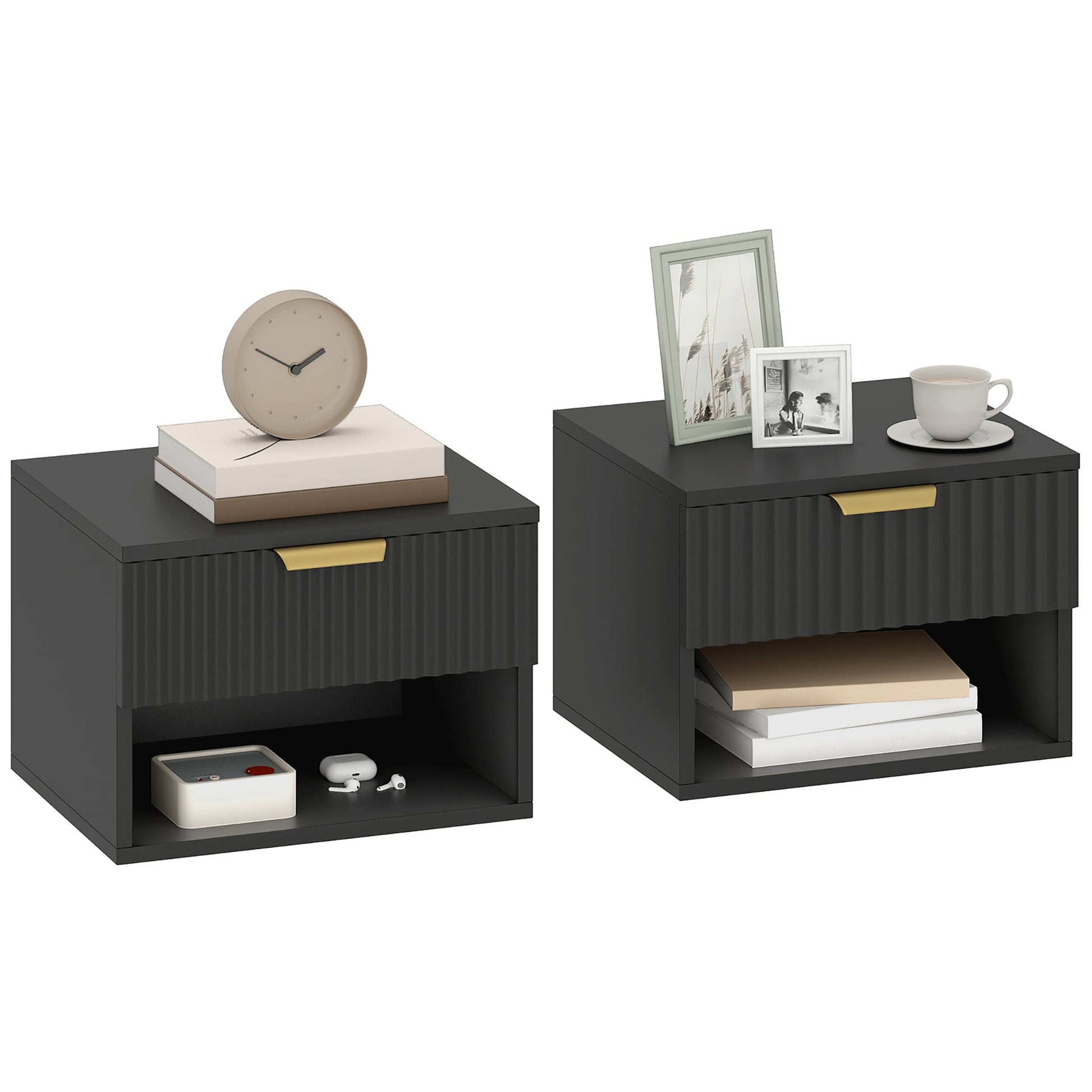Floating Nightstands Set of 2, Modern Wall Mounted Bedside Tables with Fluted Drawer and Open Shelf for Bedroom, Black