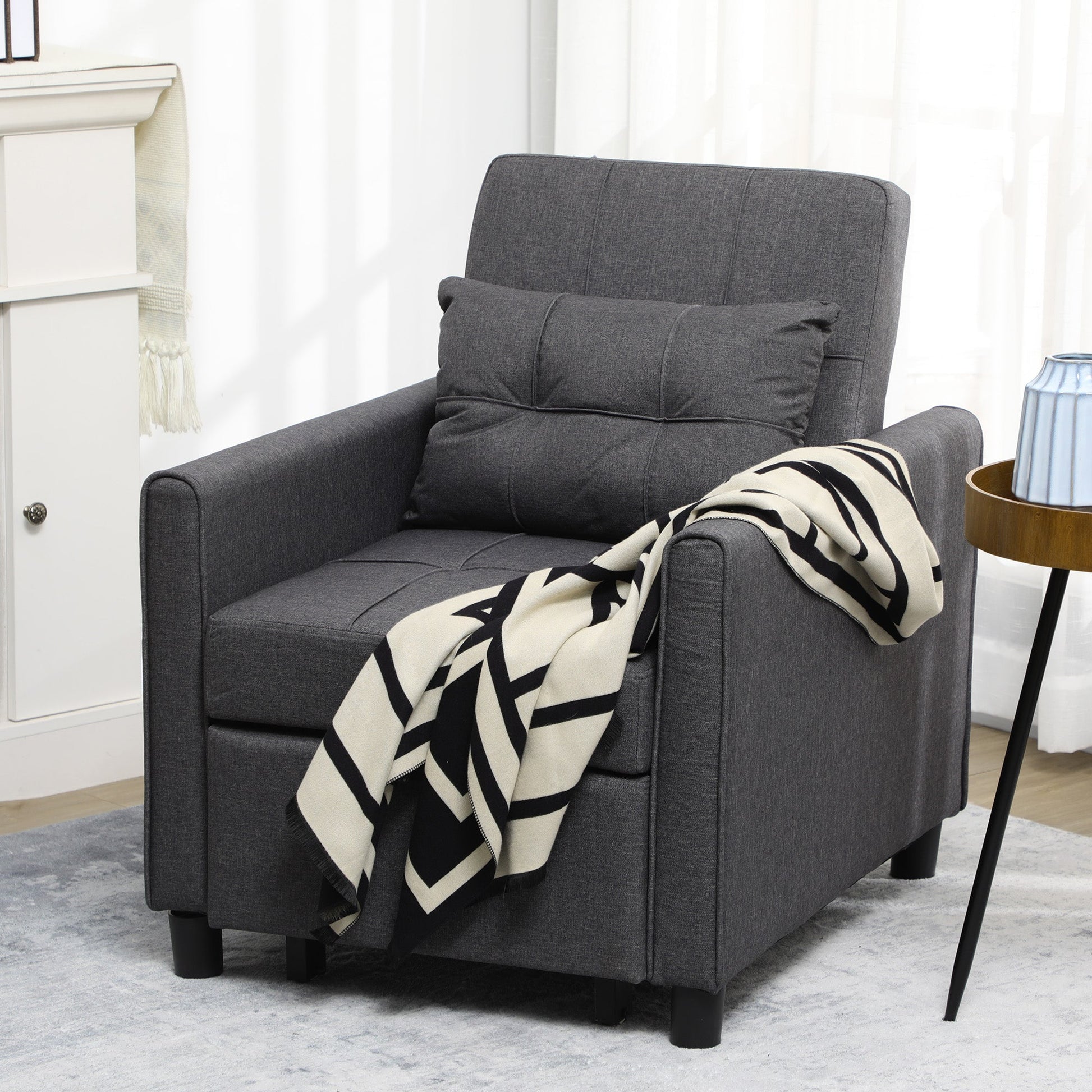 HOMCOM Compact Single Sofa Bed, Pull Out Chair Bed, Convertible Sleeper Chair with Adjustable Backrest, Pillow, Side Pockets for Home Office, Bedroom, Living Room, Grey