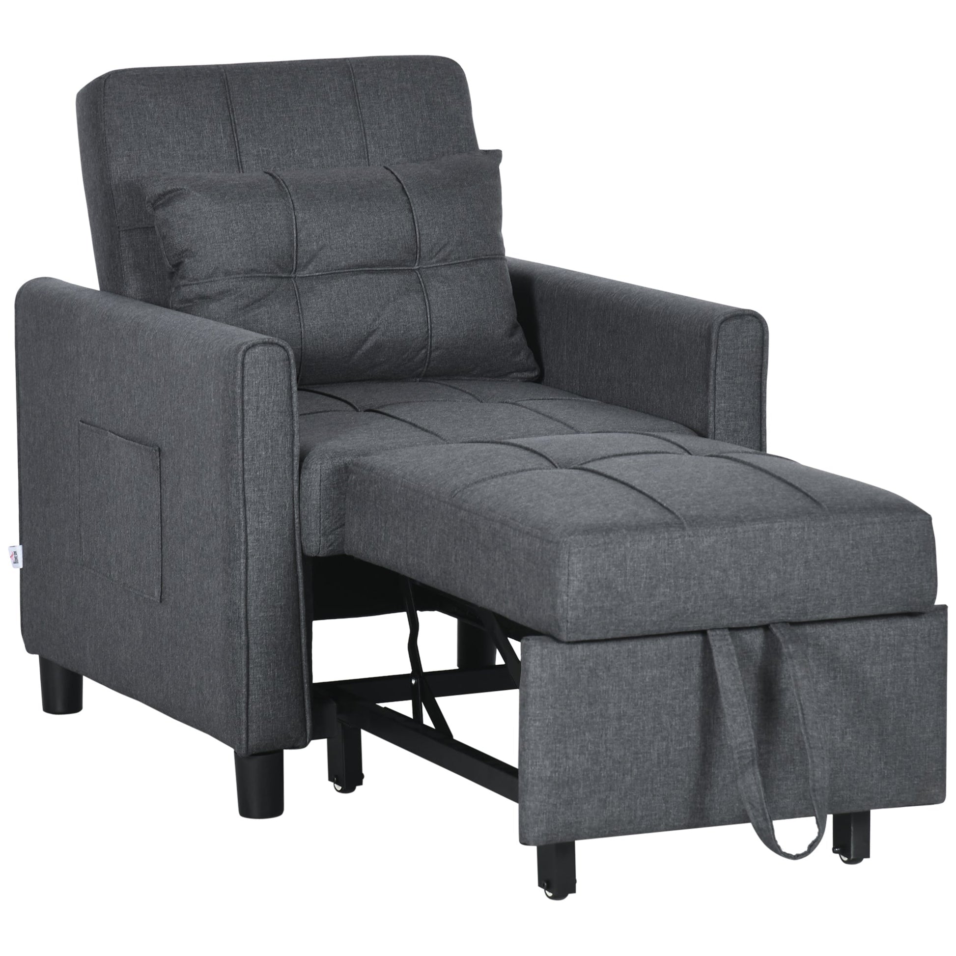 HOMCOM Compact Single Sofa Bed, Pull Out Chair Bed, Convertible Sleeper Chair with Adjustable Backrest, Pillow, Side Pockets for Home Office, Bedroom, Living Room, Grey
