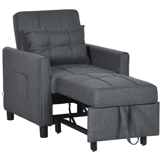 HOMCOM Compact Single Sofa Bed, Pull Out Chair Bed, Convertible Sleeper Chair with Adjustable Backrest, Pillow, Side Pockets for Home Office, Bedroom, Living Room, Grey
