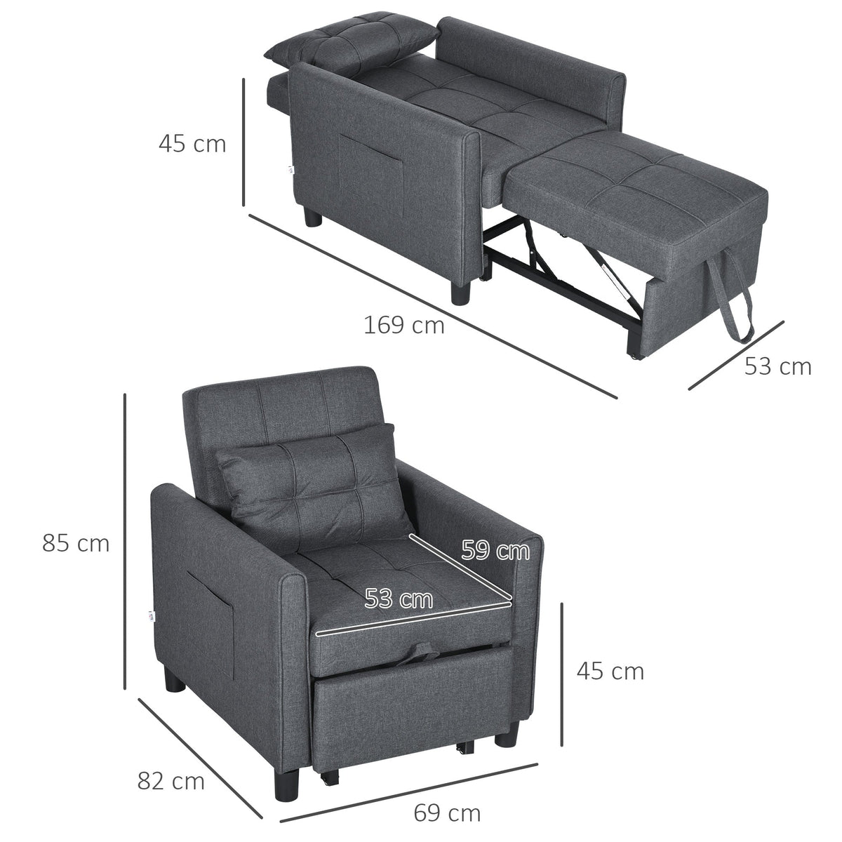 HOMCOM Compact Single Sofa Bed, Pull Out Chair Bed, Convertible Sleeper Chair with Adjustable Backrest, Pillow, Side Pockets for Home Office, Bedroom, Living Room, Grey