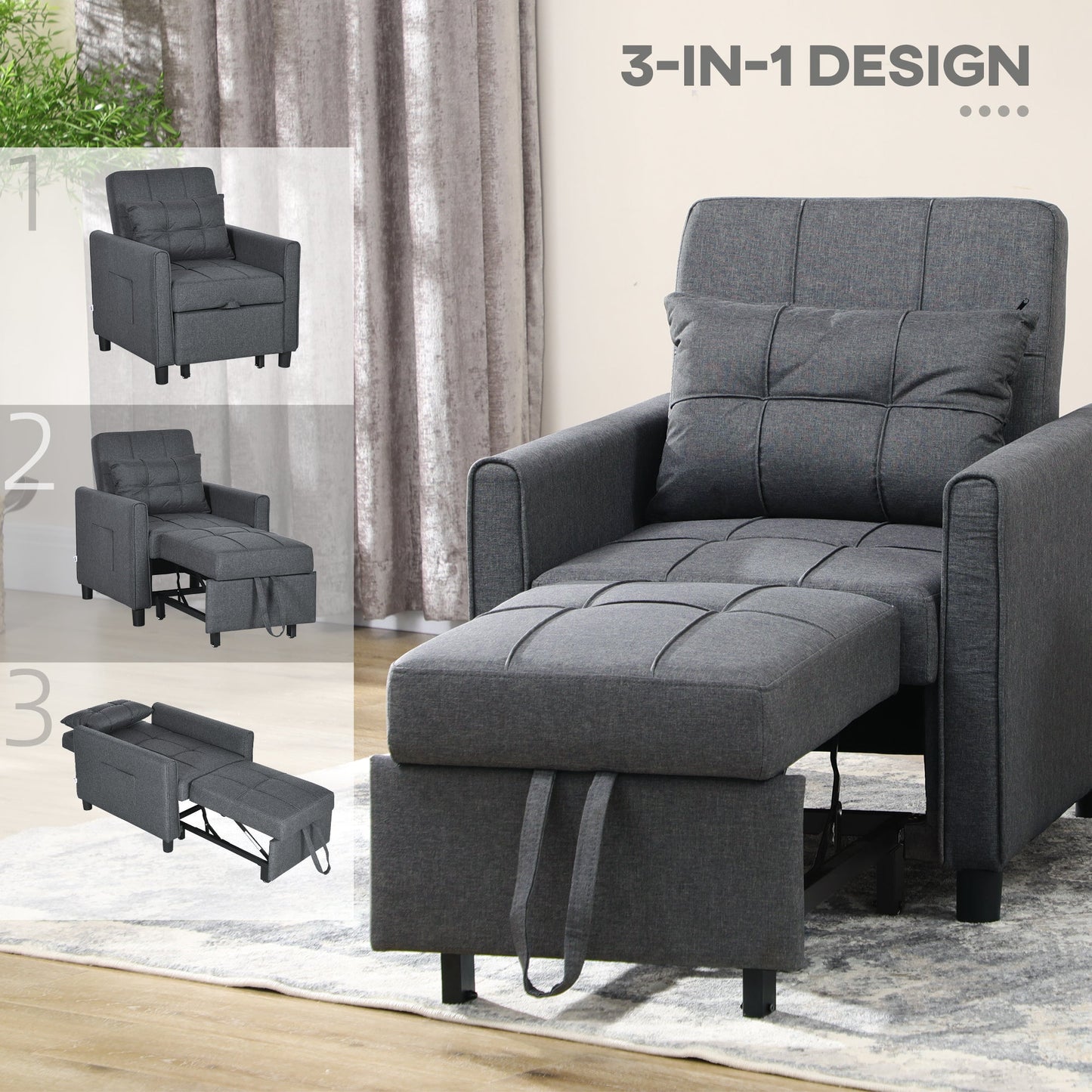 HOMCOM Compact Single Sofa Bed, Pull Out Chair Bed, Convertible Sleeper Chair with Adjustable Backrest, Pillow, Side Pockets for Home Office, Bedroom, Living Room, Grey